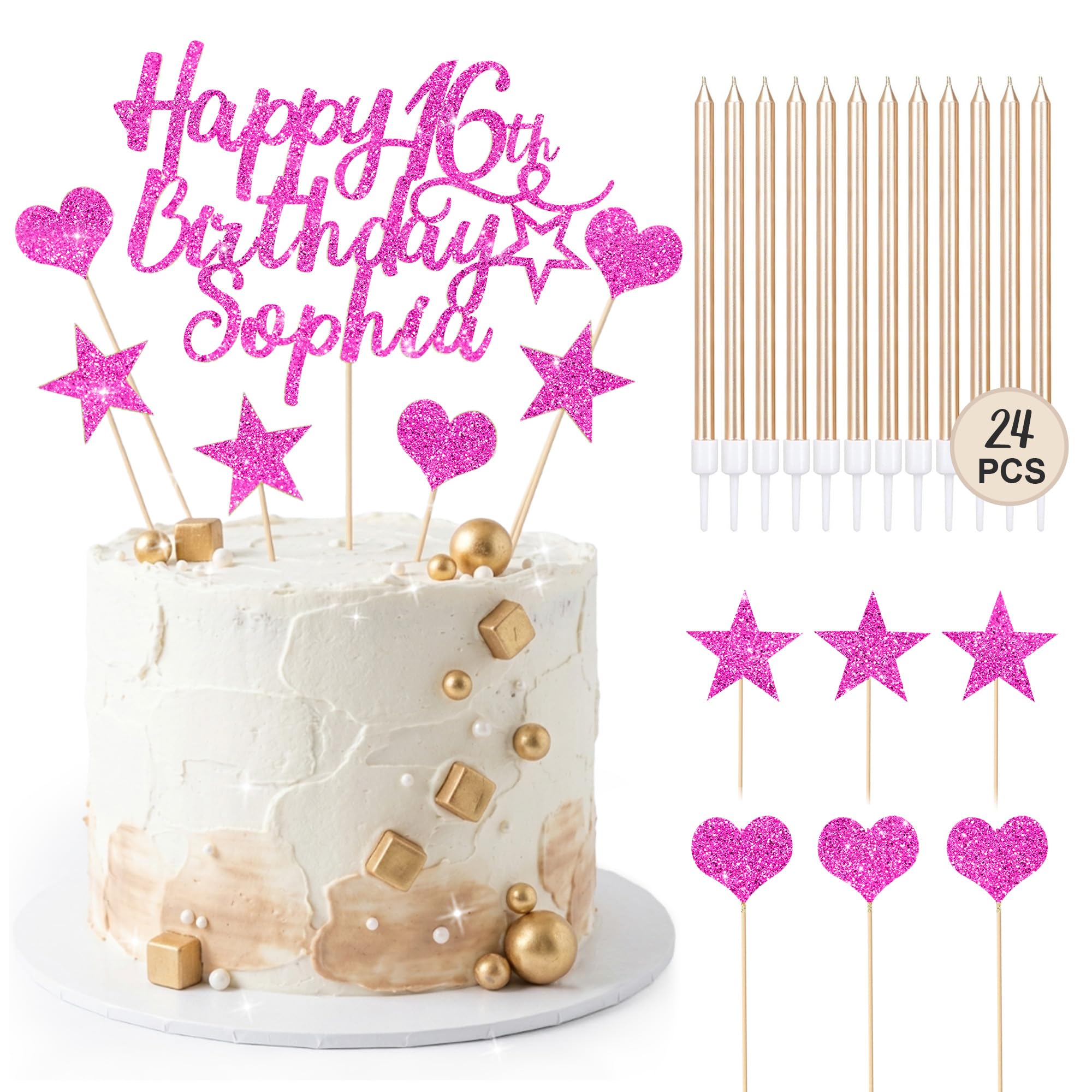 EDSG Personalised Happy Birthday Cake Topper with 24 Candles, Double-Sided Glitter Cake Decorations with Any Age Name, Birthday Party Supplies for Boys Girls Women Man (Pink)