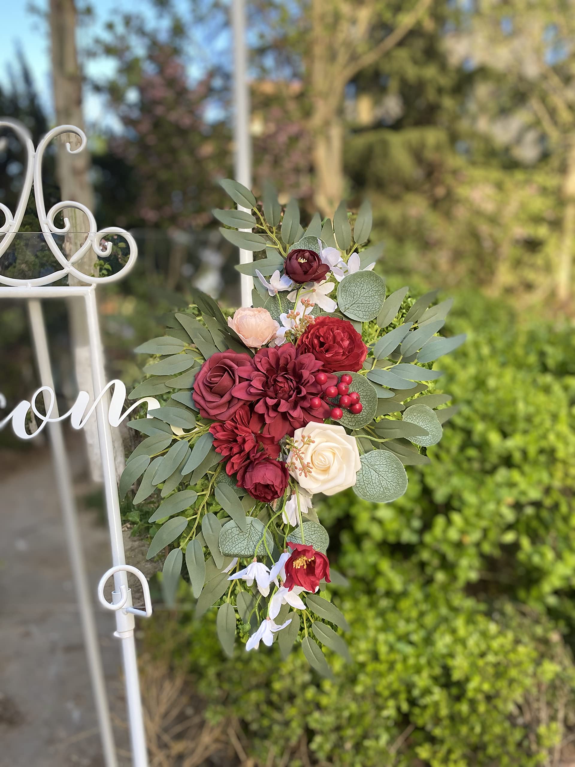 BASIMAN Artificial Flower Swag Set of 2 for Wedding Welcome Sign Floral Decoration and Wedding Signs for Ceremony Reception(Red)