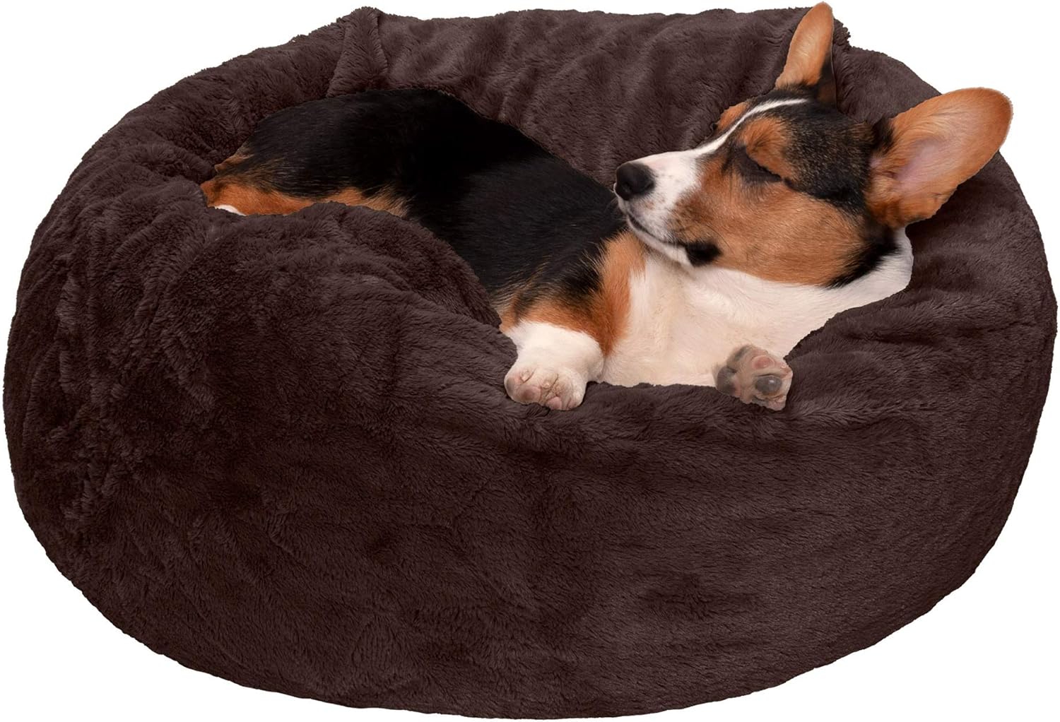 Furhaven Soft & Cozy Dog Bed for Medium/Small Dogs, Refillable w/ Removable Washable Cover & Liner, For Dogs Up to 35 lbs - Plush Faux Fur Bean Bag Style Ball Bed - Espresso, Medium Beanbag Style Ball Bed 19.7"L x 19.7"W x 19.7"Th Plush Faux Fur (Espresso
