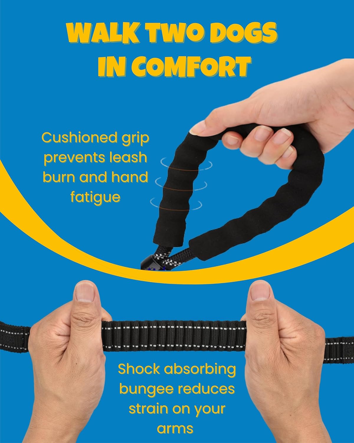 Skruffie’s Love Two Dog Leash No Tangle Swivel Dual Shock Absorbent Rope Reflective Bungee Double Leash for Two Small Dogs Medium Large Dogs (Black) for Walking