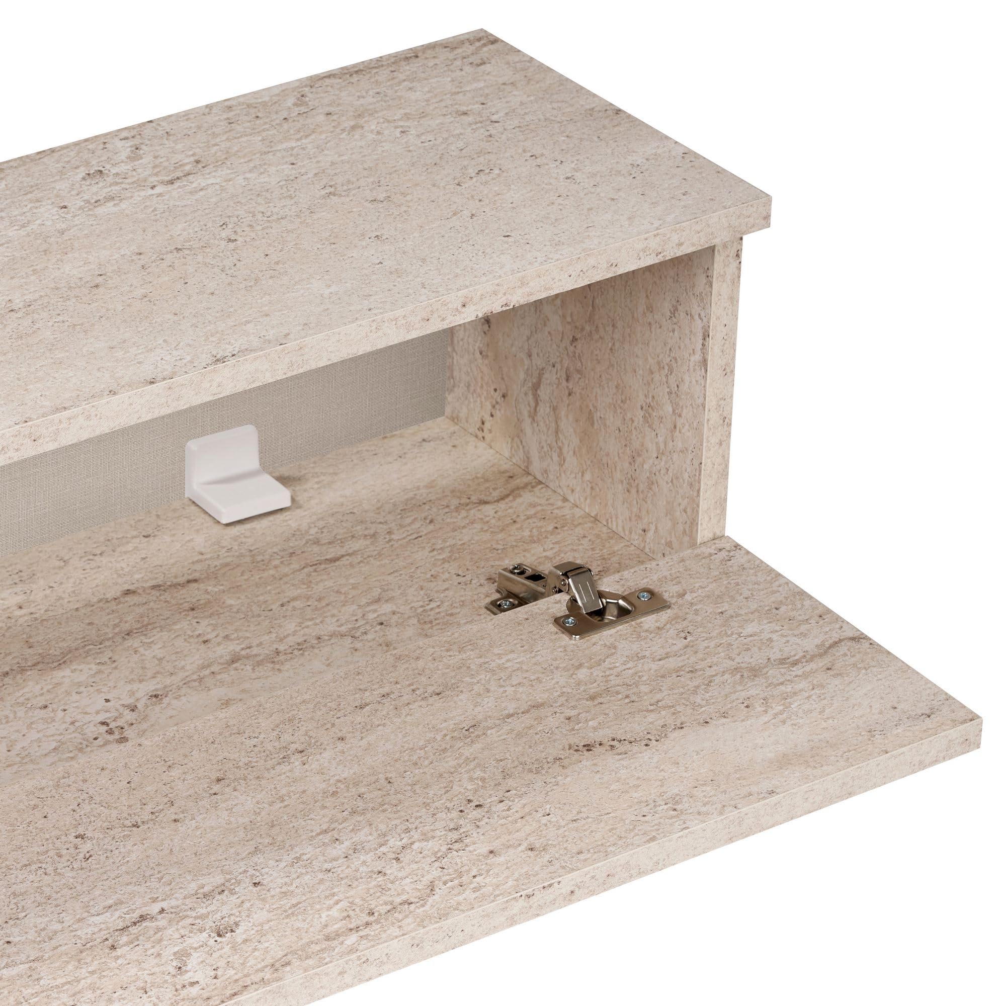 Hanah Home Elegante soporte de TV con aspecto travertino, 140 x 25 x 25 cm, tablero de partículas resistente con revestimiento de melamina, incluye soporte de pared, diseño moderno, capacidad de carga