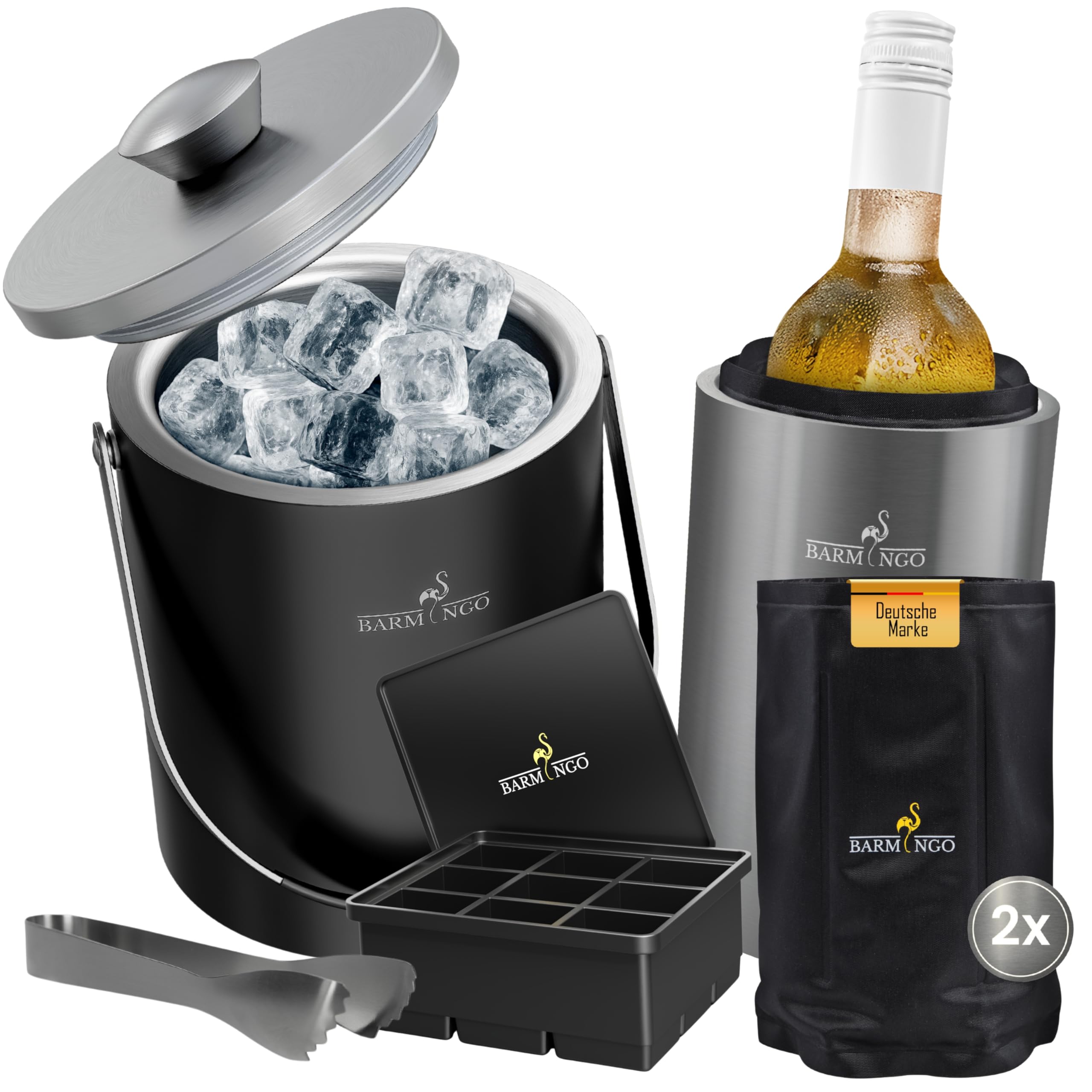 SPAR-SET: Eiswürfelbehälter & Weinkühler Set | 2l Eisbehälter Set mit Sieb, Eiswürfelform, Zange | Sektkühler Edelstahl mit 2 Kühlakkus