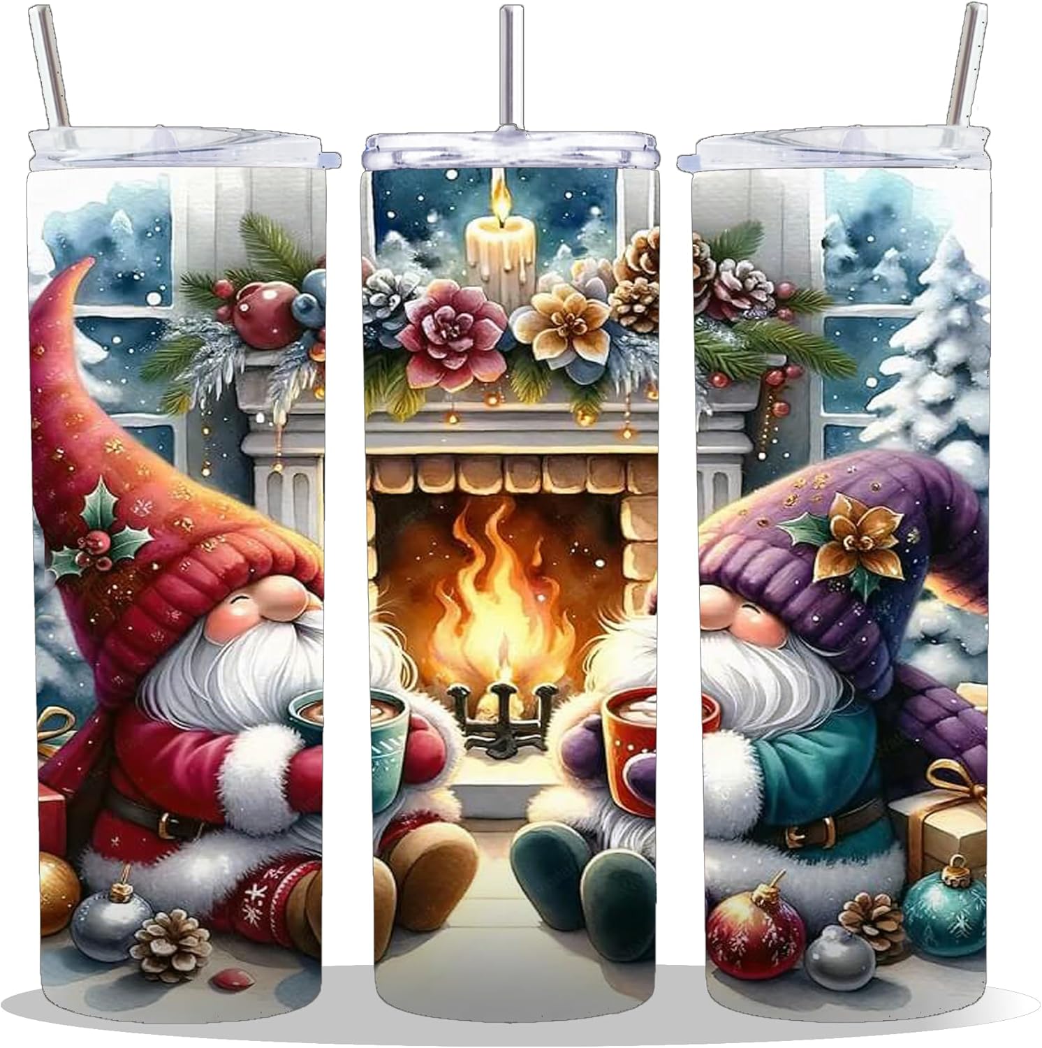 20 oz Insulated Double Wall Stainless Steel Tumbler with Spill Proof Lid and Reusable Straw, Water Bottle Coffee, Nisse Scandinavian Dwarf Christmas Gnomes Cup Mug Tumbler (Xmas4)