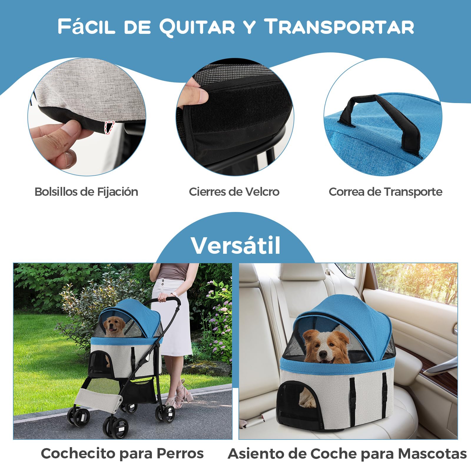 COSTWAY 3 en 1 Cochecito para Mascotas Plegable, Cochecito de Mascotas con Toldo Ajustable de 4 Niveles y Cesta de Almacenamiento, Carrito para Gatos con Porta Asiento de Coche Extraíble (azul)