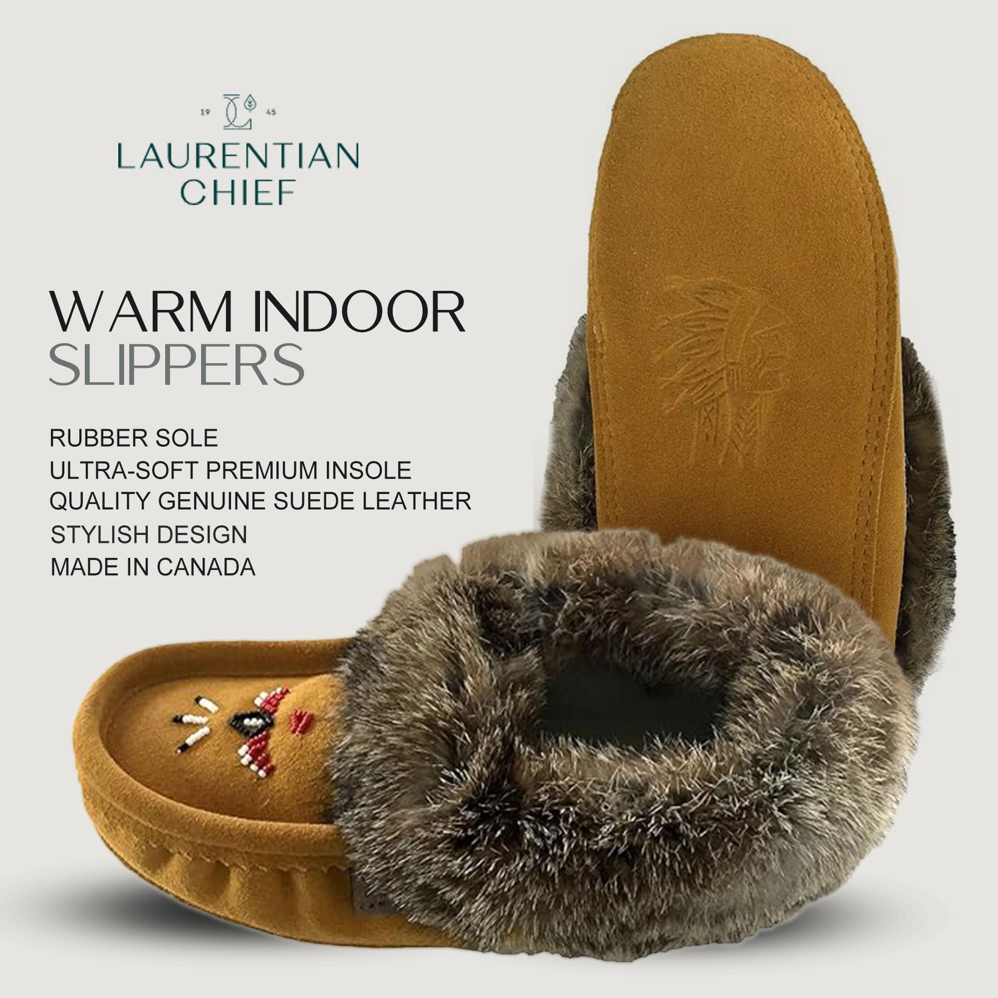 Laurentian Chief Moccasin Slippers for Women – Ladies Comfortable Slippers with Real Rabbit Fur Trim and Soft Faux Lining – Canada Quality Beaded Style Warmie Shoes for House Indoor