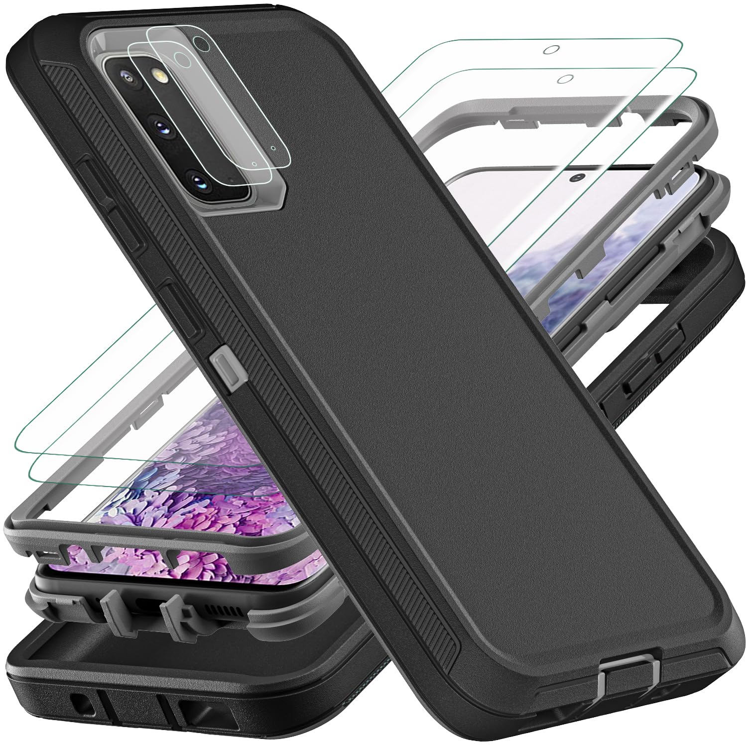 YKHJKLEC for Samsung Galaxy S20 Case, with 2Pcs [Self Healing Flexible TPU Screen Protector & Camera Lens Protector] Military Grade 3 in 1 Heavy Duty Case for Galaxy S20 5G 6.2 inch (Black/Grey)