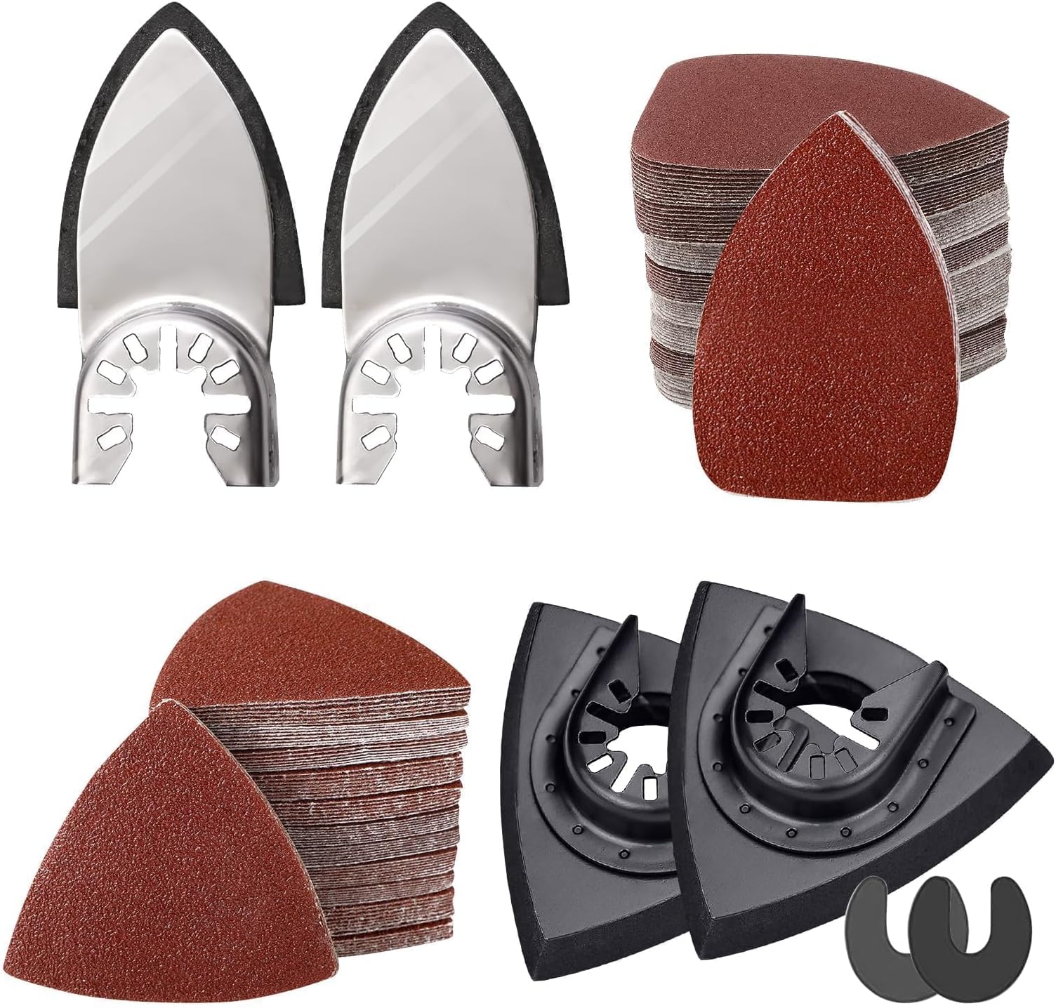 206 pc Oscillating Tool Pad Kit, Triangle Pads, Finger Pads, C-Clip Adapters, 200 pc Multitool Sanding Paper for Wood & Plaster