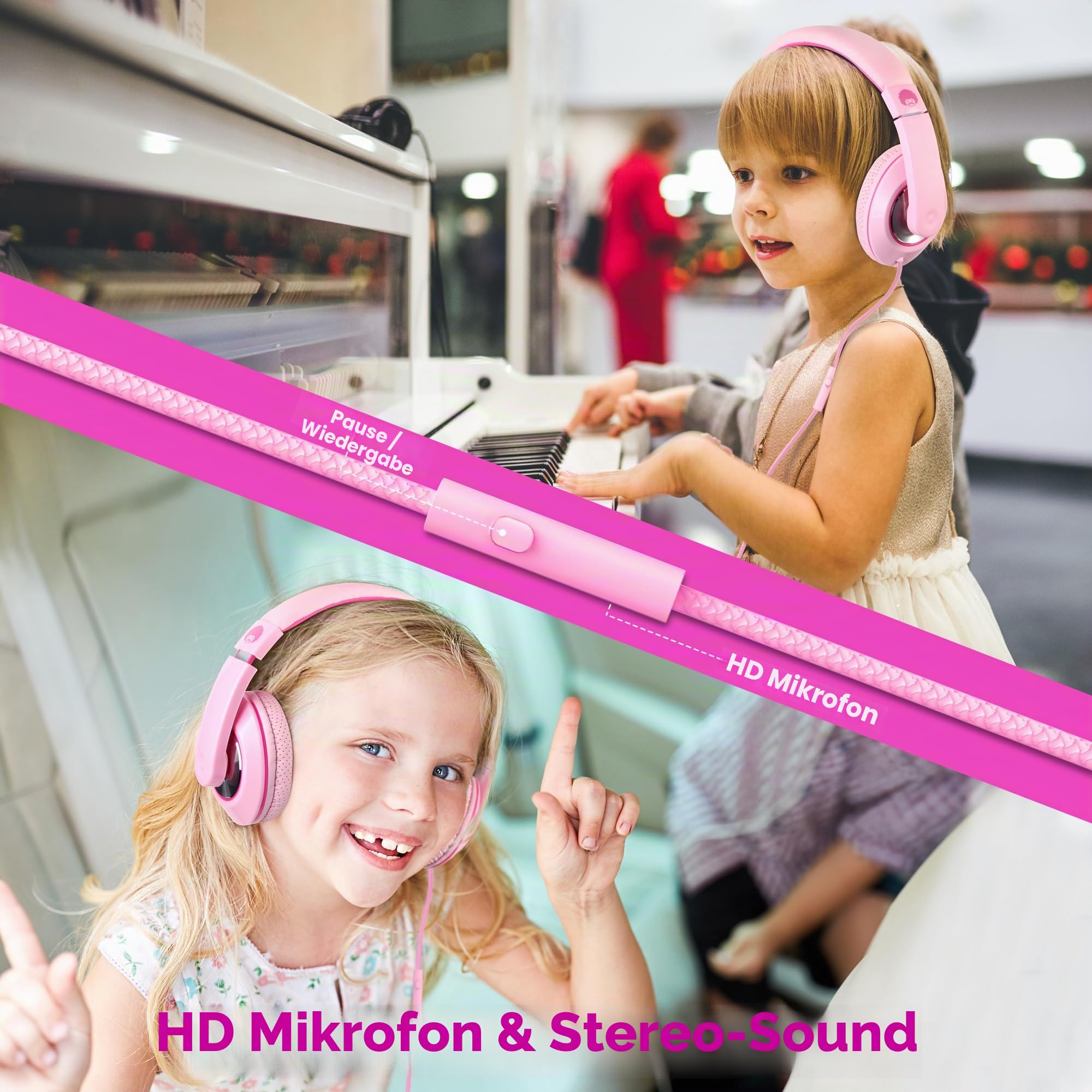RockPapa Comfort+ Kinder Kopfhörer für Schule Jungen, Kopfhörer Kinder mit Kabel, Einstellbar, Lautstärkeregler, 3,5 mm Jack, HD-Mikrofon, Over Ear Kinderkopfhörer für Schule/Reise/PC, Rosa