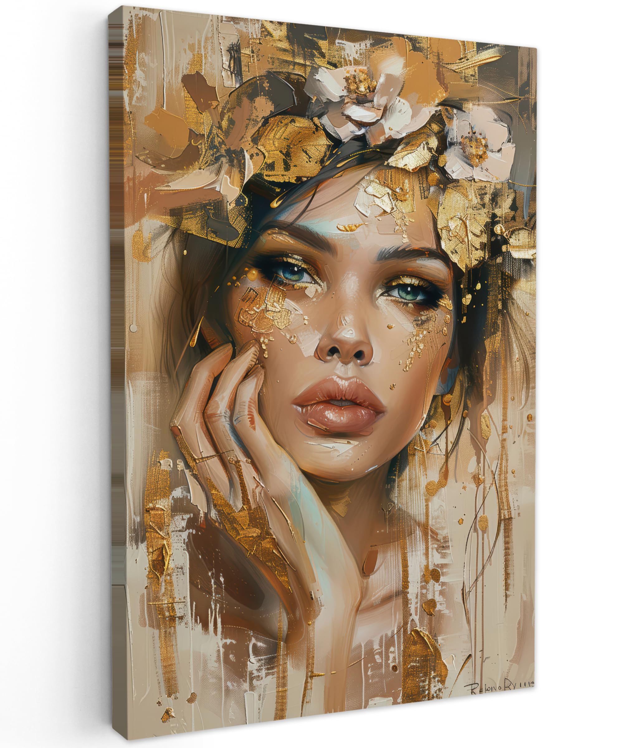MuchoWow© Canvas Wall Art 16"x24" / 40x60 cm Decor Paintings Print framed on Canvas Pictures for Hallway Woman - Flowers - Gold - Portrait