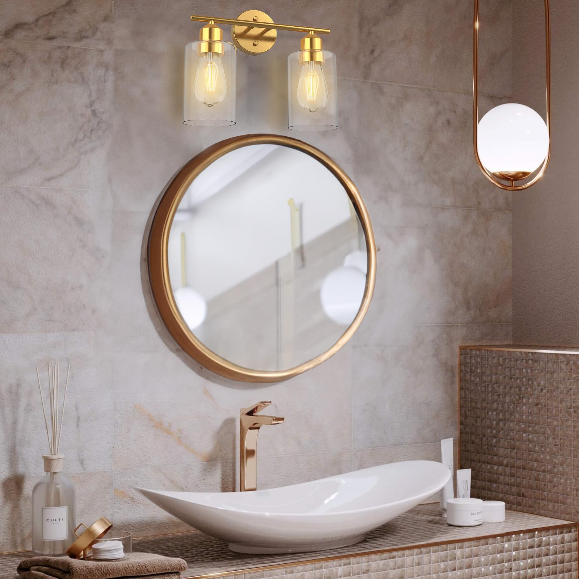 Mshamy Bathroom Light Fixtures, 2-Light Bathroom Vanity Light Over Mirror with Clear Glass Shade, Brushed Gold Modern Bath Wall Lights Wall Lamp for Mirror, Kitchen, Living Room, Bedroom, Hallway