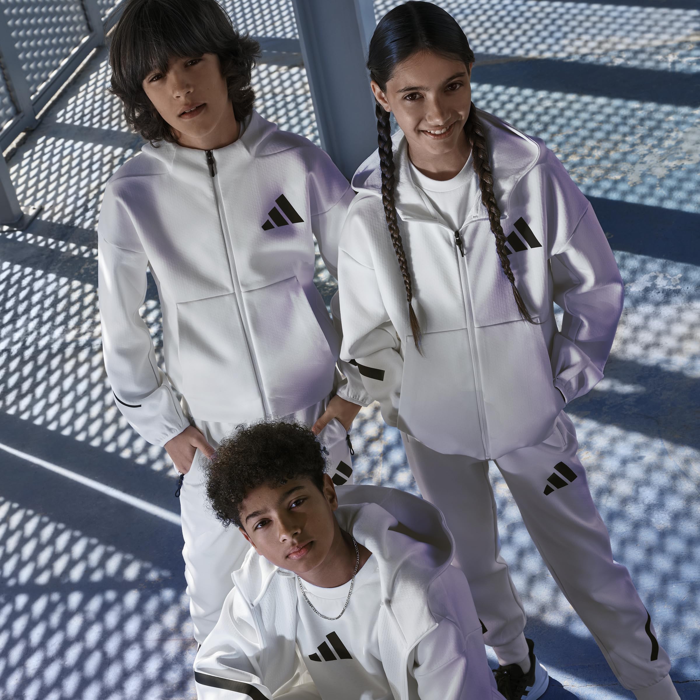 adidas Z.n.e. Felpa con cappuccio e zip intera, per bambini, bianco/nero, L, bianco/nero, L