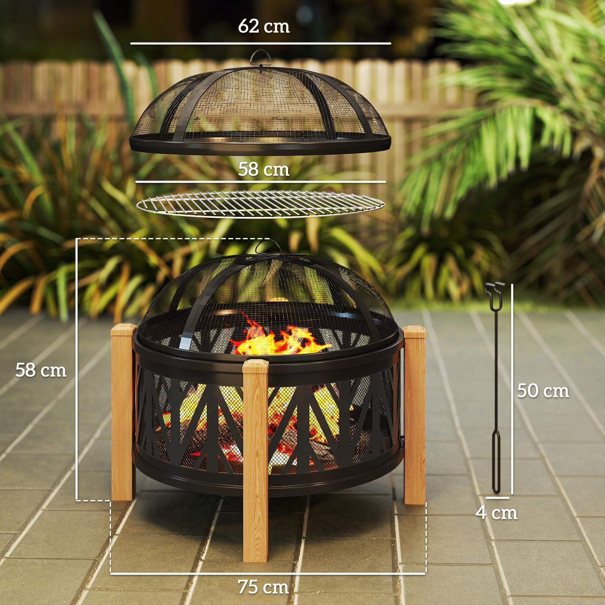 Outsunny 2-in-1 Feuerschale mit Grillrost Ø75 x 58 cm Schwarz+Braun | Feuerstelle mit Funkenschutz, Schürhaken, Feuerschalen Feuerkorb, für Garten Balkon Terrasse, Outdoor BBQ Camping