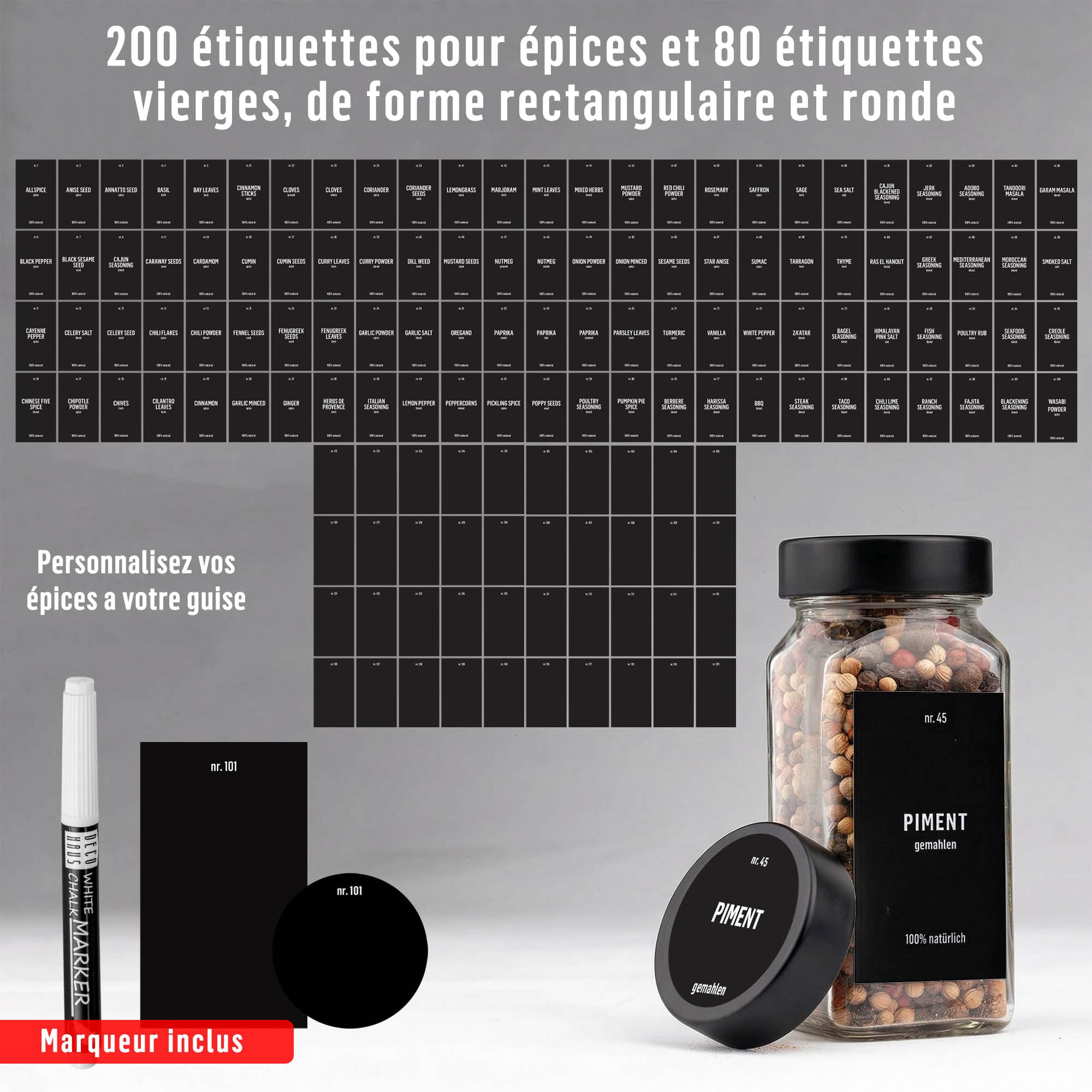 Deco haus® Lot de 36 Bocaux à Épices Carrés Hermétiques [avec Étiquettes & Saupoudreur] - Bocaux en Verre - Pot a Epices en Verre et Bois, Spice Jars - Récipients d'Épices - Pot à Epices