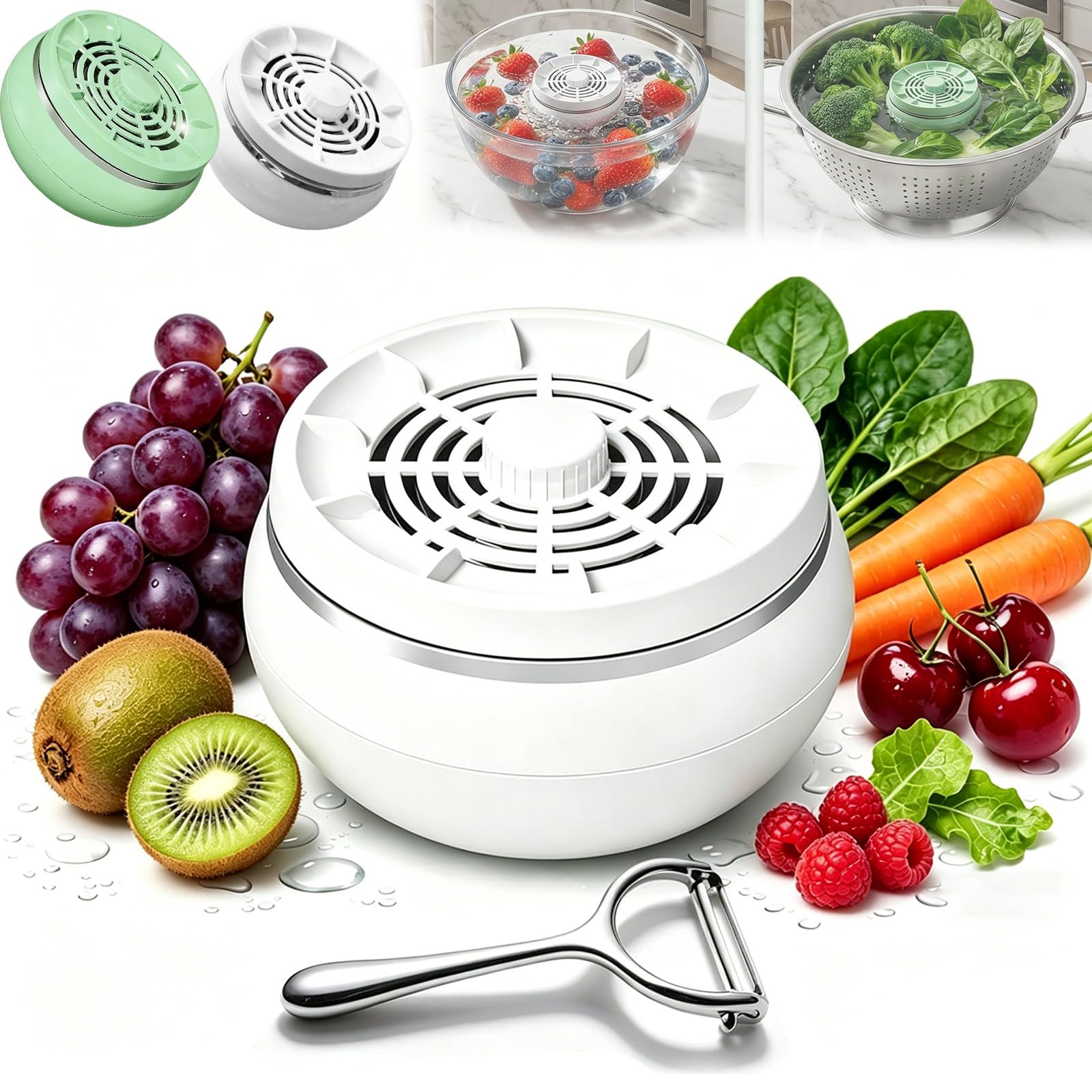 Nnbwlmaee White Vortex Fruit And Vegetable Washer, Fruit And Vegetable Purifier Cleaner, Fruits And Vegetables Washing Machine With 4 Cleaning Modes, For Home Kitchen Cooking Grain Rice Seafood (White)