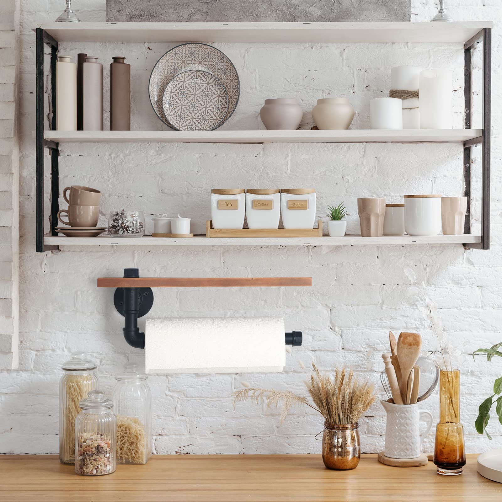 Toallero de papel de tubo industrial con estante, toallero de papel rústico para baño, cocina, montaje en pared, negro mate 2