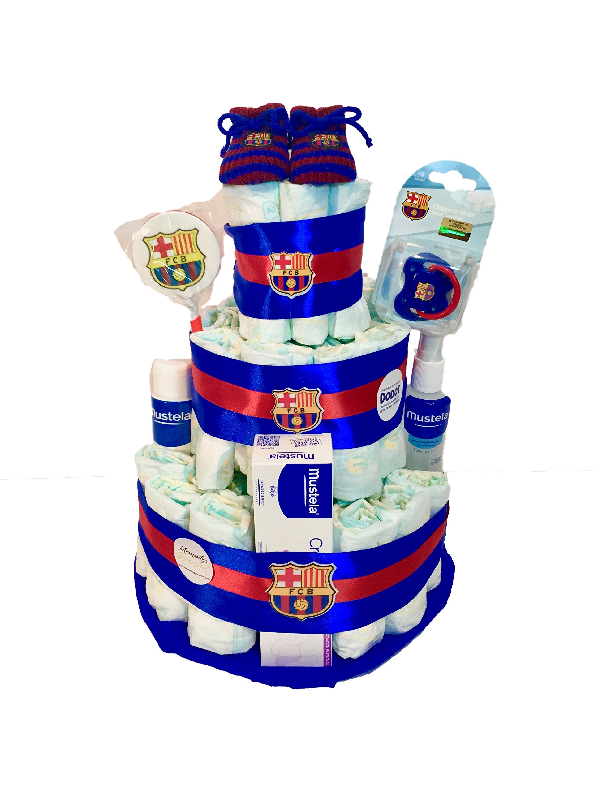 Tarta de pañales F.C.Barcelona MUSTELA (Talla 2 (3-6 kg)) by MomentosGourmet Añade tu dedicatoria personalizada. Regalo para bebé muy práctico. Cesta Canastilla recién nacido. Diaper Cake