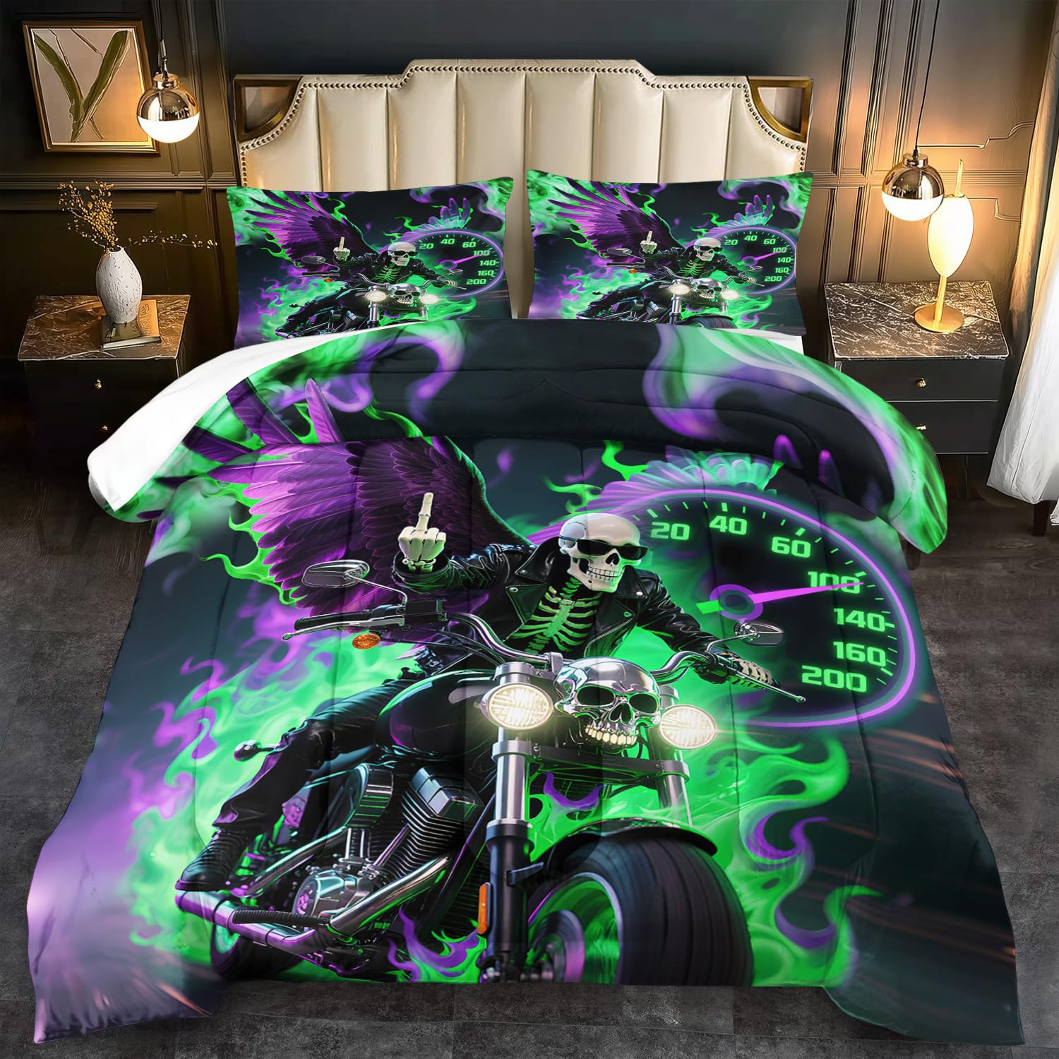 Goth Skull Comforter Set Queen Size Black Goth Comforter Boys Dirt Bike Skull Bedding Set Men Motorcycle Bedding for Boys Teens Game Room Decor for Adults