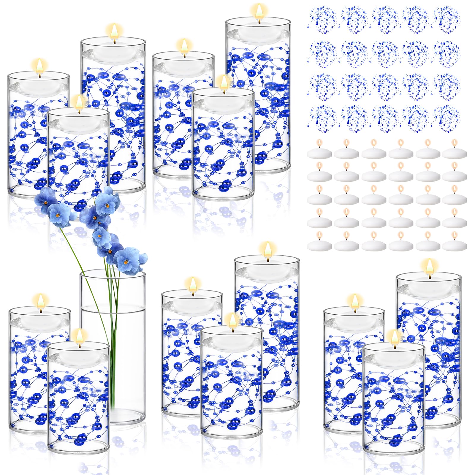 15 Set Glass Cylinder Vase with 20 Artificial Pearl String 30 White Floating Candle Multi-Size Cylinder Vase for Centerpieces 4"+ 6" + 8" Glass Cylinder Vase for Wedding Birthday Party Table Decor
