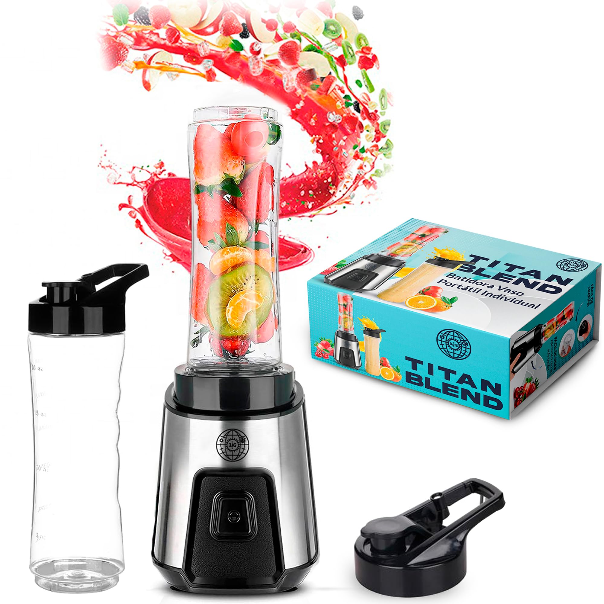 3JG® Batidora de Vaso, Batidora de vaso Portátil Individual Titan Blend Power 300W, Mini Batidora de Smoothie, 4 Cuchillas de Acero Inoxidable, 2 Vasos Portátiles de 600ml y 2 Tapas, Sin BPA