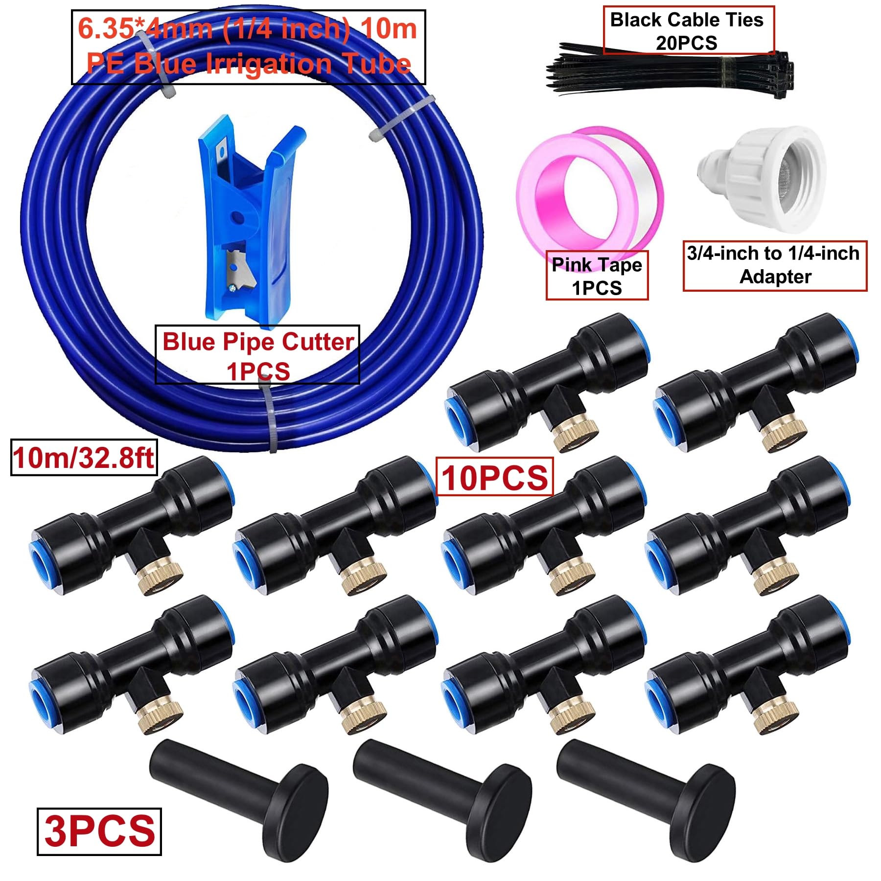 10m Kit d’Irrigation Système avec 10 Buses de Brume avec Joint en T,Système de Refroidissement parbrumisateur par Brouillard pour Jardin,Serre(Bleu