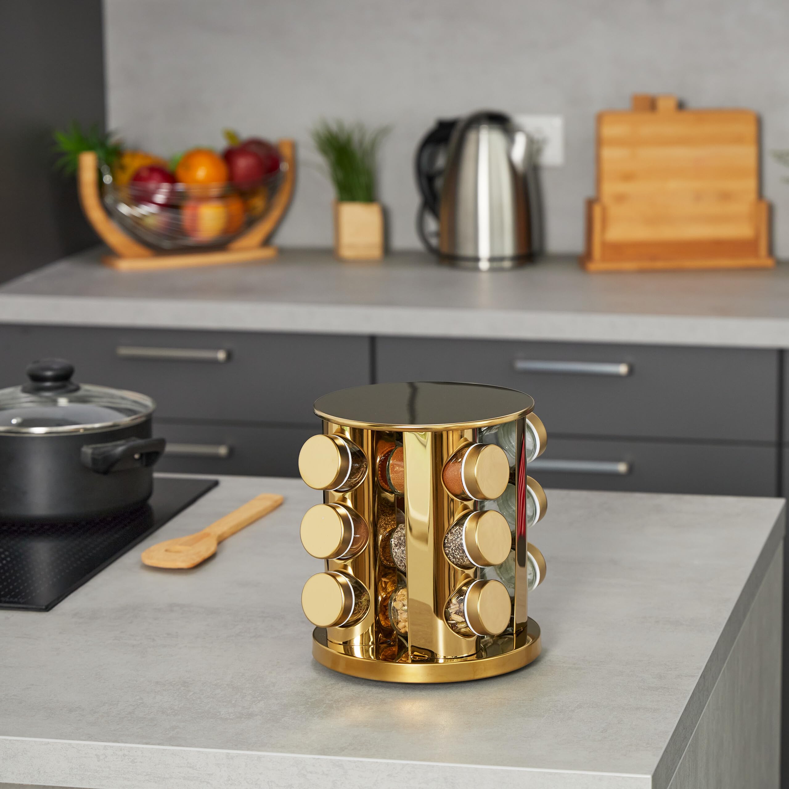 Relaxdays Portaspezie da Cucina, 12 Barattoli, Organizer per Spezie Girevole 360°, Acciaio Inox Vetro, HxD 22x20 cm, Oro