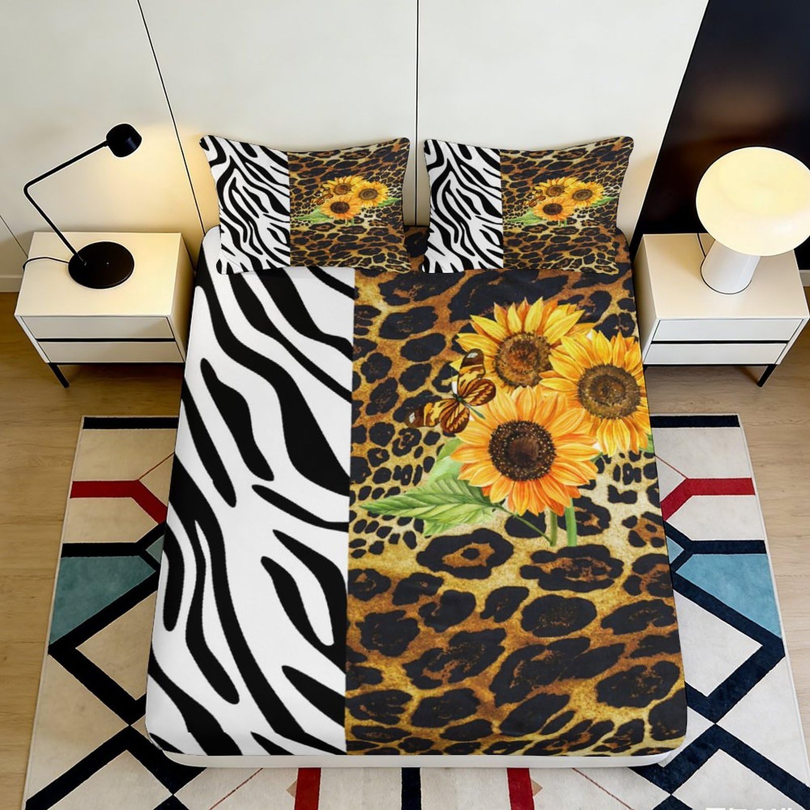 3D Printed Sunflower Leopard Print Fitted Sheet Microfiber Soft Breathable Zebra Print Bed Cover for Bedroom Dormitory Guest Room Mattress Protection 200x200x25cm