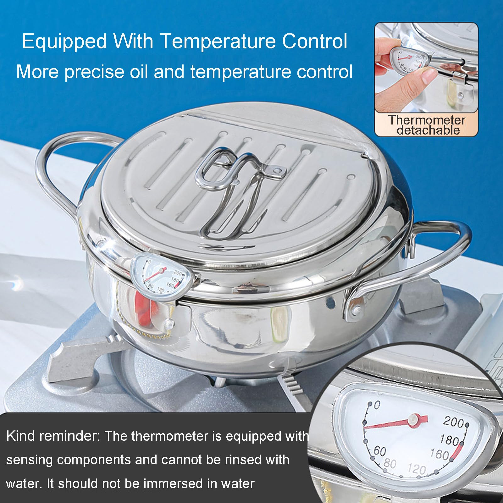 4.2L Japanese Tempura Deep Fryer Pot, 304 Stainless Steel Deep Fryer Pot with Thermometer, Oil Drip Drain Rack and Lid for Home Use, Thickened Deep Frying Pan for French Fries Chicken Nuggets Shrimp