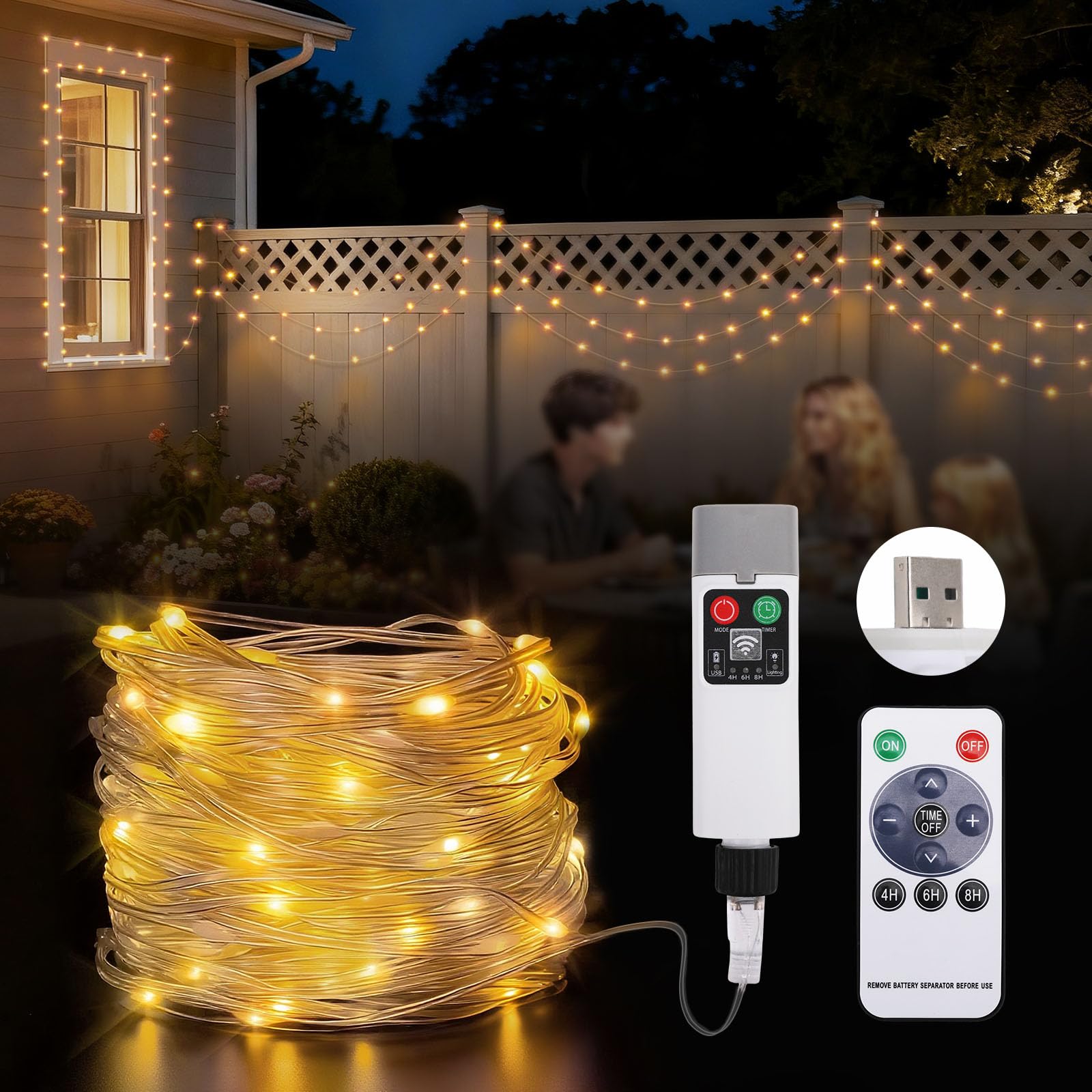 Joollurm 99FT/300LED USB Rechargeable String Lights, Battery Powered Rope Lights with 8 Lighting Modes, Hanging Waterproof Portable LED Lamp for Camping Essentials, Yard, Christmas Party- Warm White