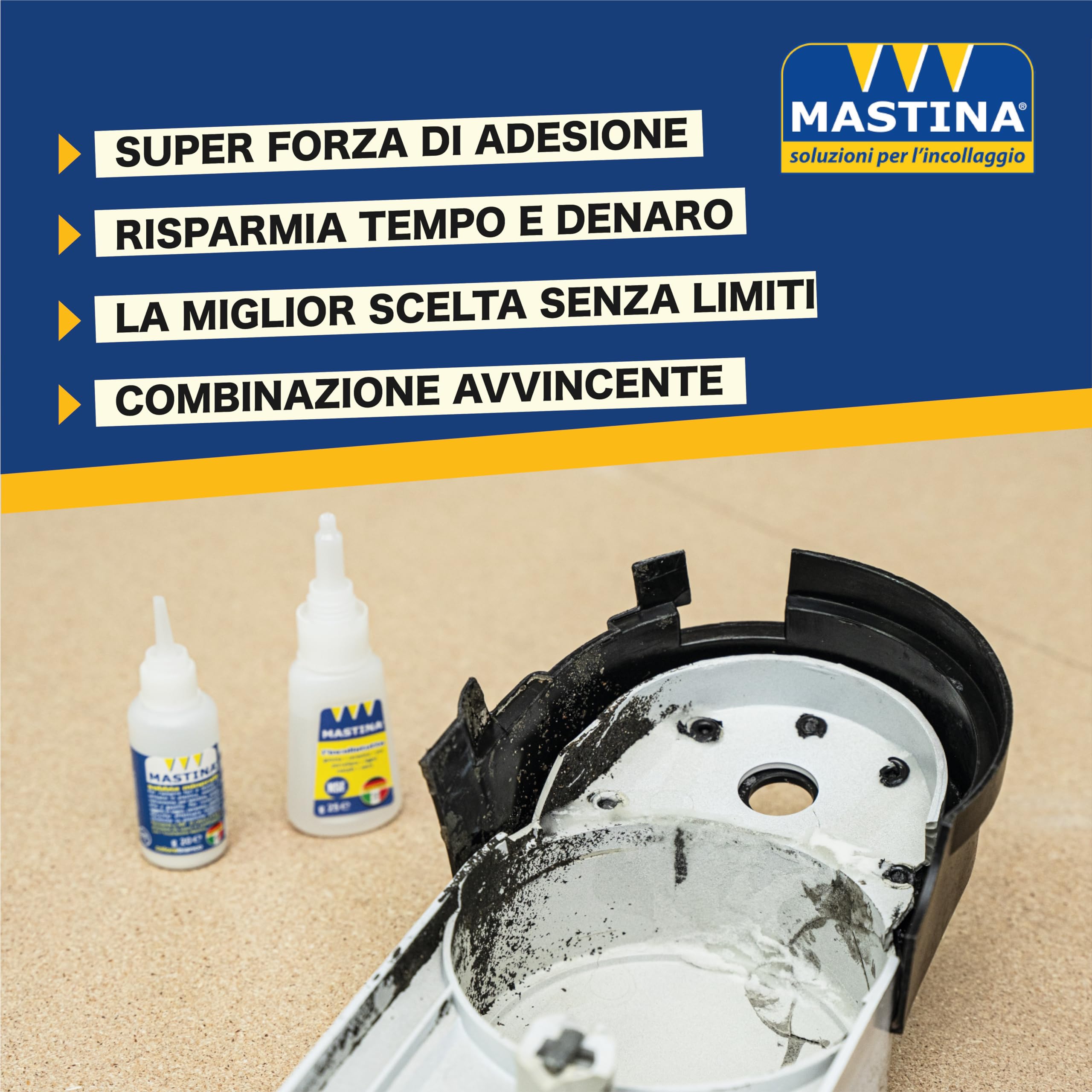 Mastina, Kit Completo di Riparazione con Boccetta Maxi Incollatutto 25g + 3 Sabbie Minerali da 20g (Bianca, Grigia, Nera) + 5 beccucci di precisione