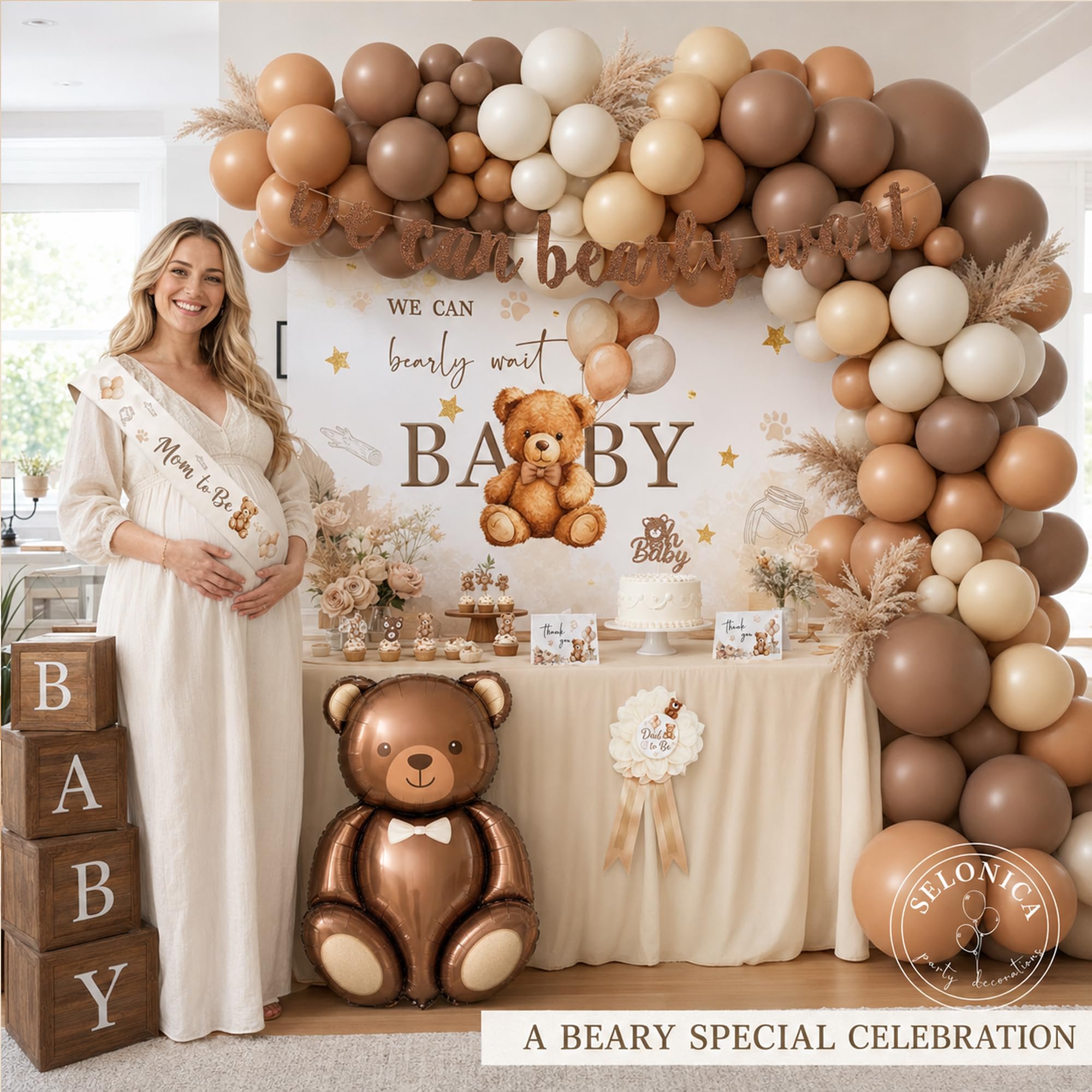 We Can Bearly Wait - Decoraciones de baby shower para niños, suministros de fiesta de oso para baby shower, telón de fondo We Can Bearly Wait, guirnalda de globos, pancarta para mamá y papá para ser