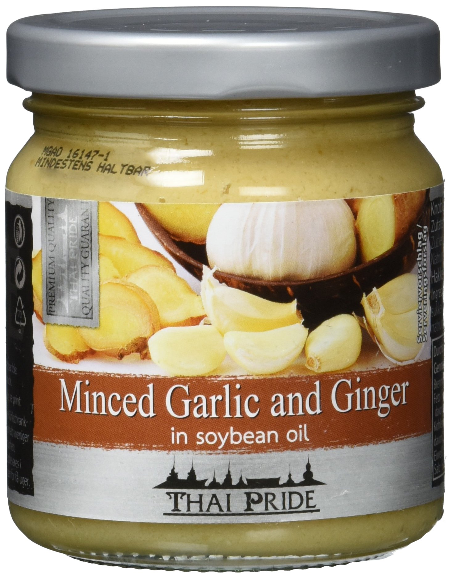 Thai Pride Knoblauch Ingwer gehackt in Sojabohnenöl, 4er Pack (4 x 175 g)