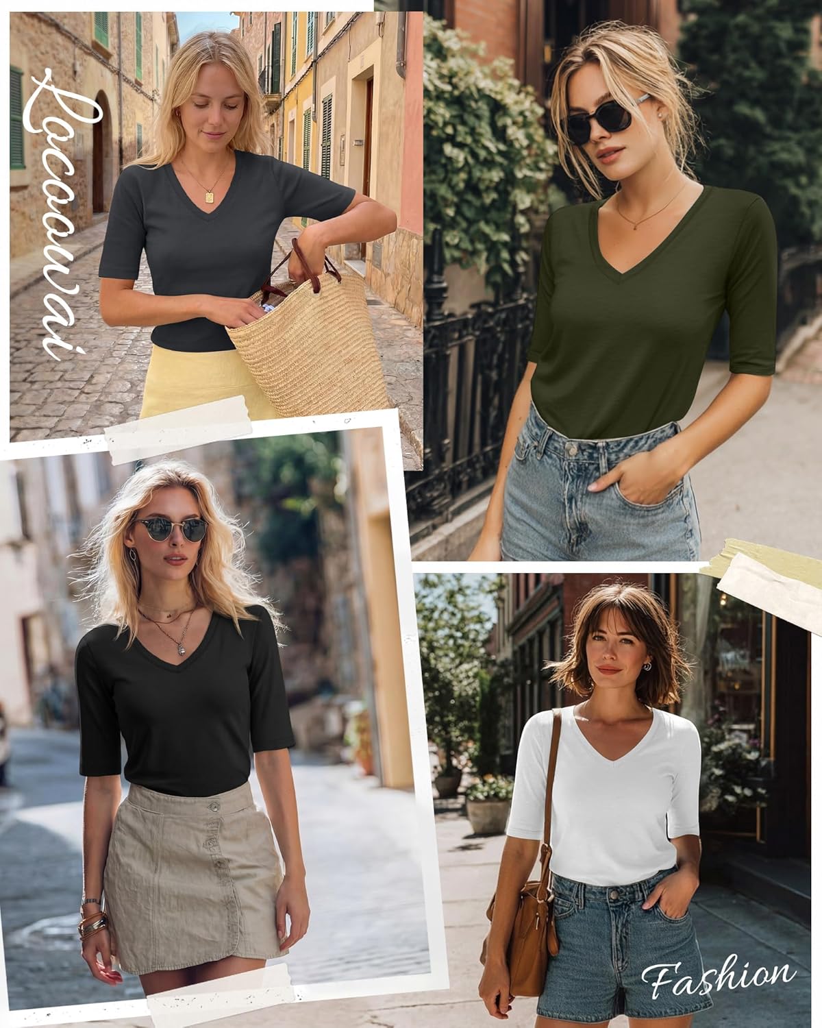 4 Pack Women's Half Sleeve T Shirts, Cotton V Neck Elbow Length Shirt Slim Fit 1/2 Sleeve Tops Casual Basic Tee(Black, White, Dark Gray, Army Green,X-Large) - Image 3