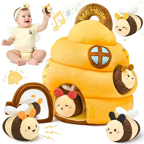 Juguetes para bebés de 6 a 12 meses Juguete infantil de colmena con 5 abejas sensoriales de peluche, arrugado, sonajero, espejo y música, juguetes