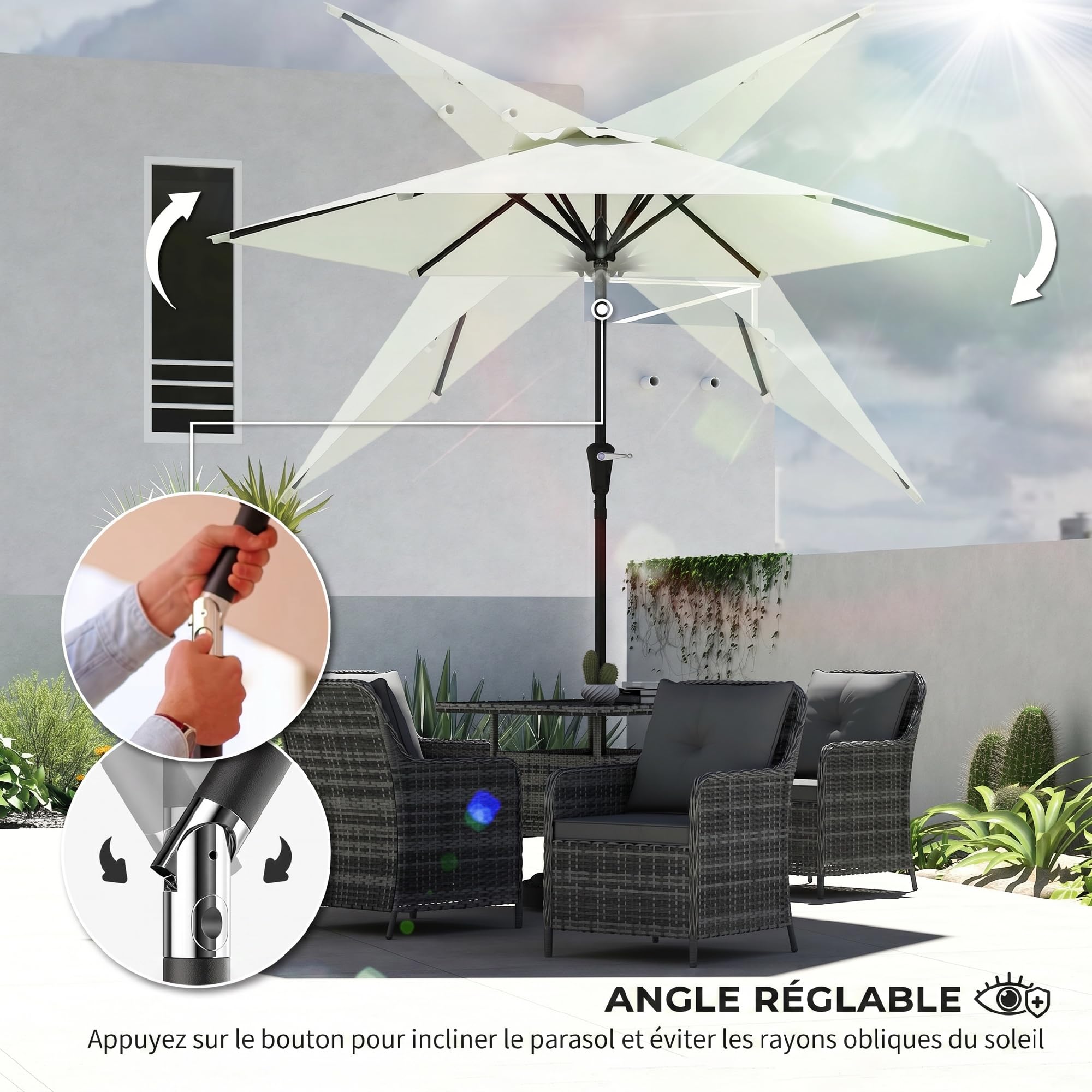 Outsunny Parasol de jardin Parasol droit hexagonal inclinable Ø 2,3 x 2,16H m métal polyester haute densité