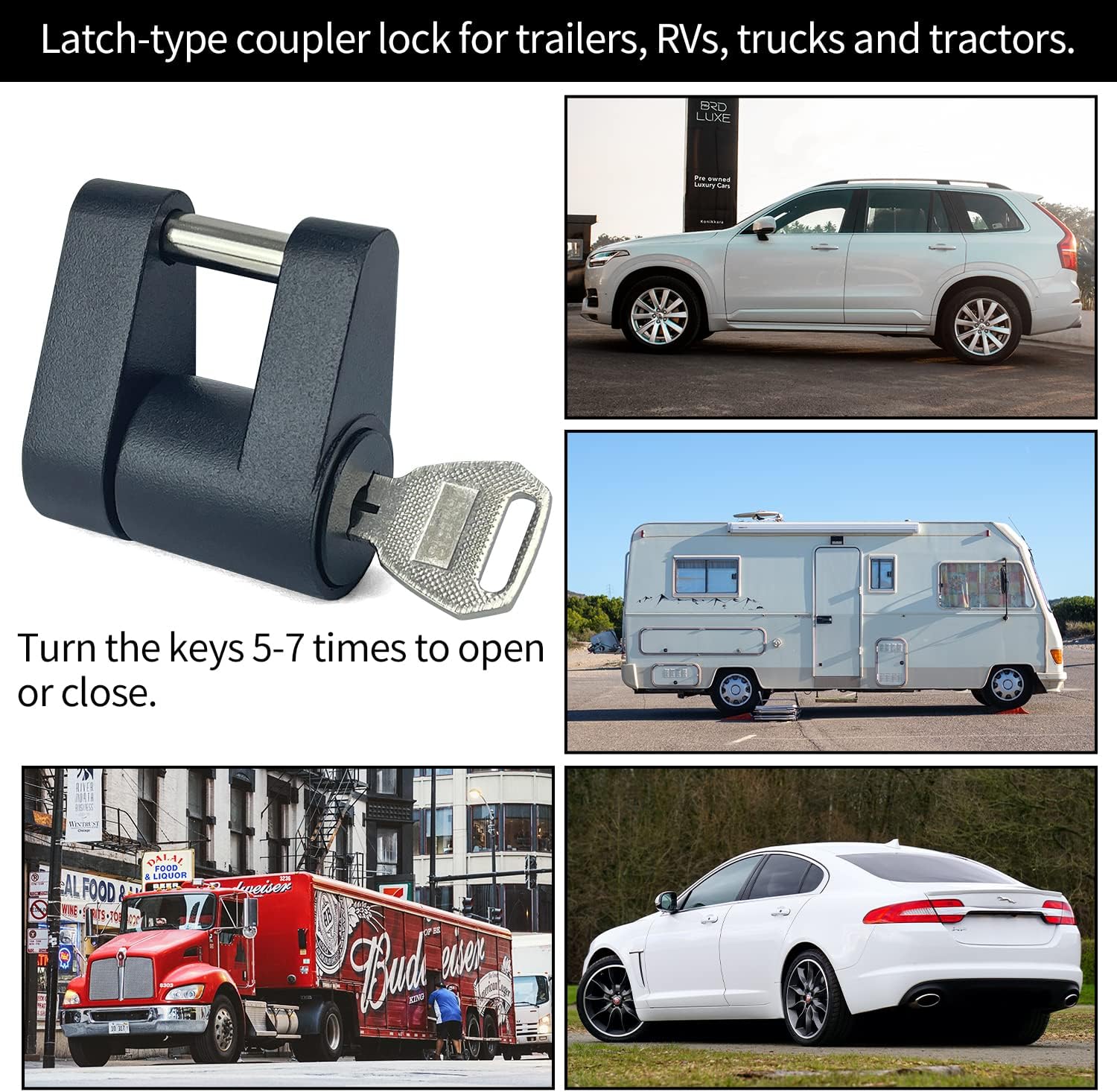 Sutekus Keyed Alike Trailer Coupler Lock, Dia 1/4 Inch, 3/4 Inch Span, Trailer Hitch Lock Heavy-Duty Steel Trailer Tongue Locks for Tow Boat RV Truck Car Coupler (Black 4Pack)