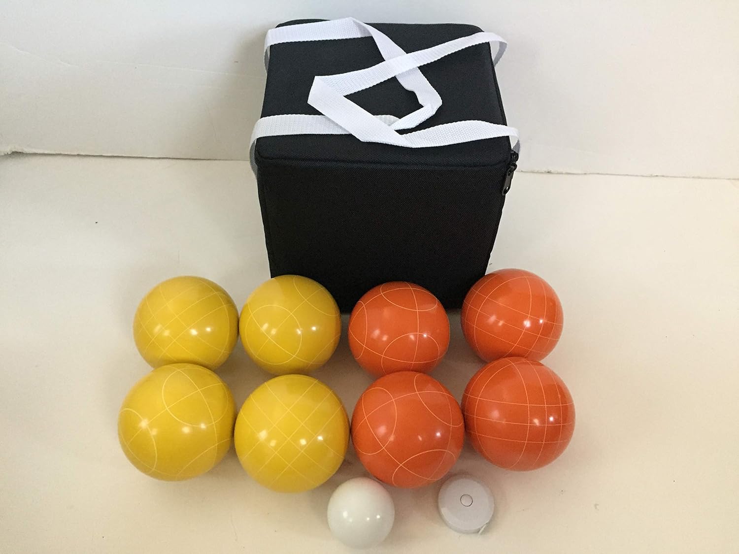 BuyBocceBalls Listing - Unique Bocce Set - 107mm with Orange and Yellow Balls, Black Bag
