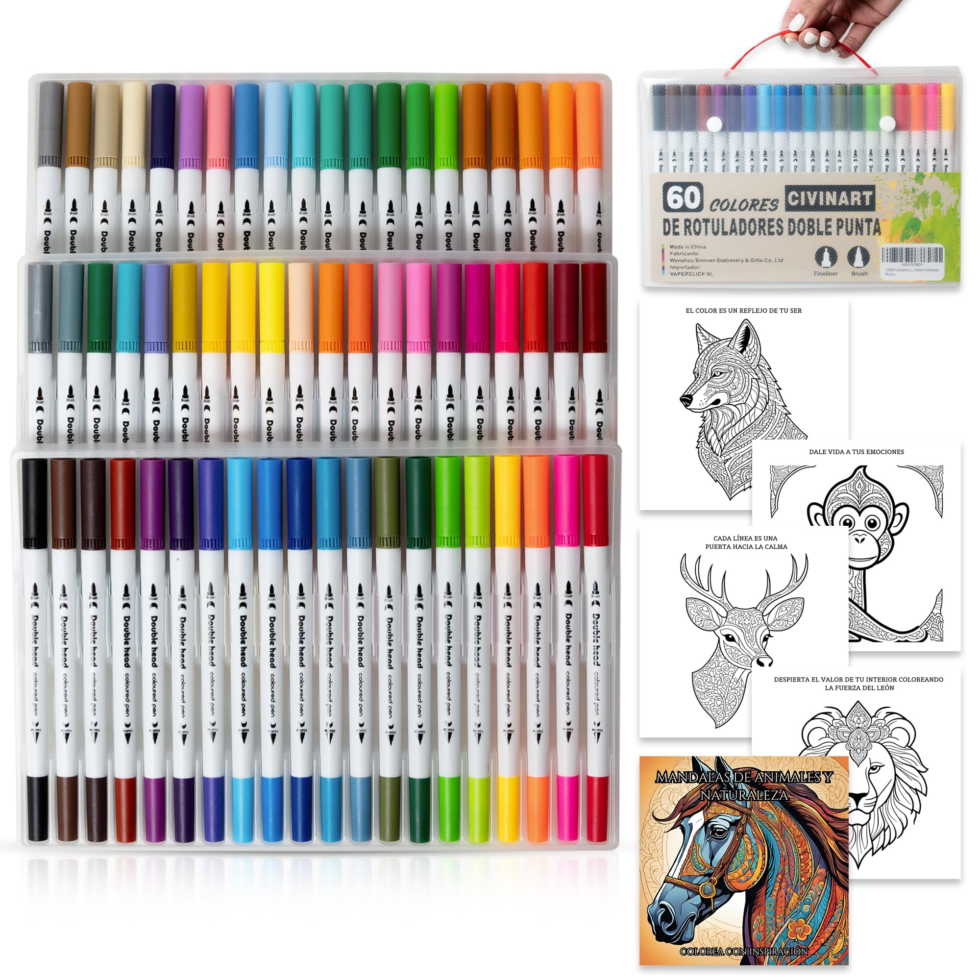 CIVINART Estuche Rotuladores Doble Punta para Pintar Mandalas Rotuladores Lettering 60 colores, Colorear y Pintar para Adultos y Niños, Incluye 4 Plantillas Animales