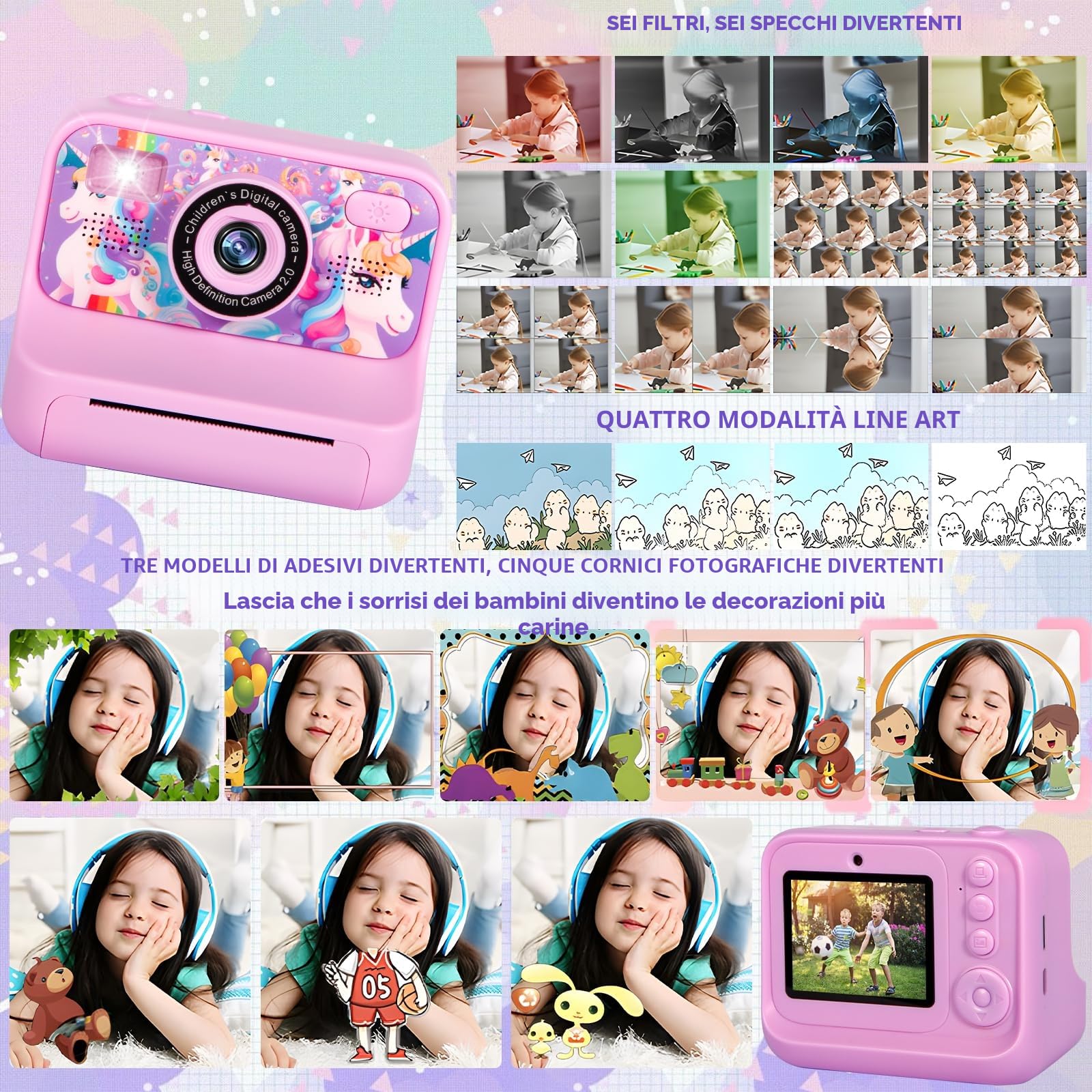 Macchina Fotografica Bambini Istantanea, Fotocamera Istantanea 2.4" 1080P Fotocamera Bambini con 32GB Schede e Carta da Stampa, Modalità Selfie e Video,Regali per Ragazzi Ragazze da 3-12 Anni