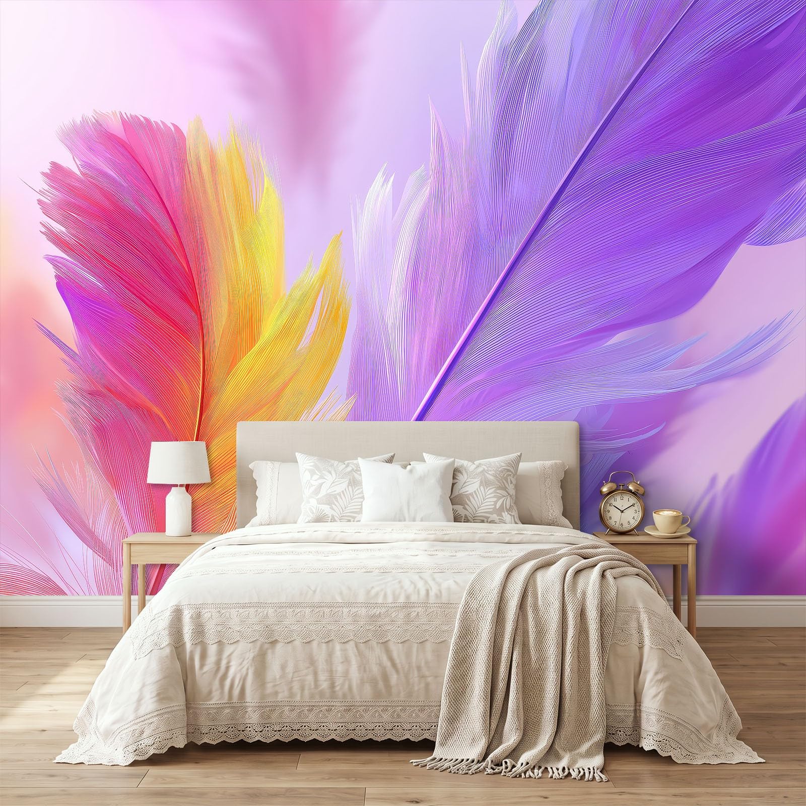 Générique 450 x 280 cm Panoramiczna tapeta fantasy zwierzę gradient pióra 3D projekt ścienny, dekoracja ścienna do zdjęć, tapety z włókniny dekoracja ścienna salon sypialnia, fioletowy