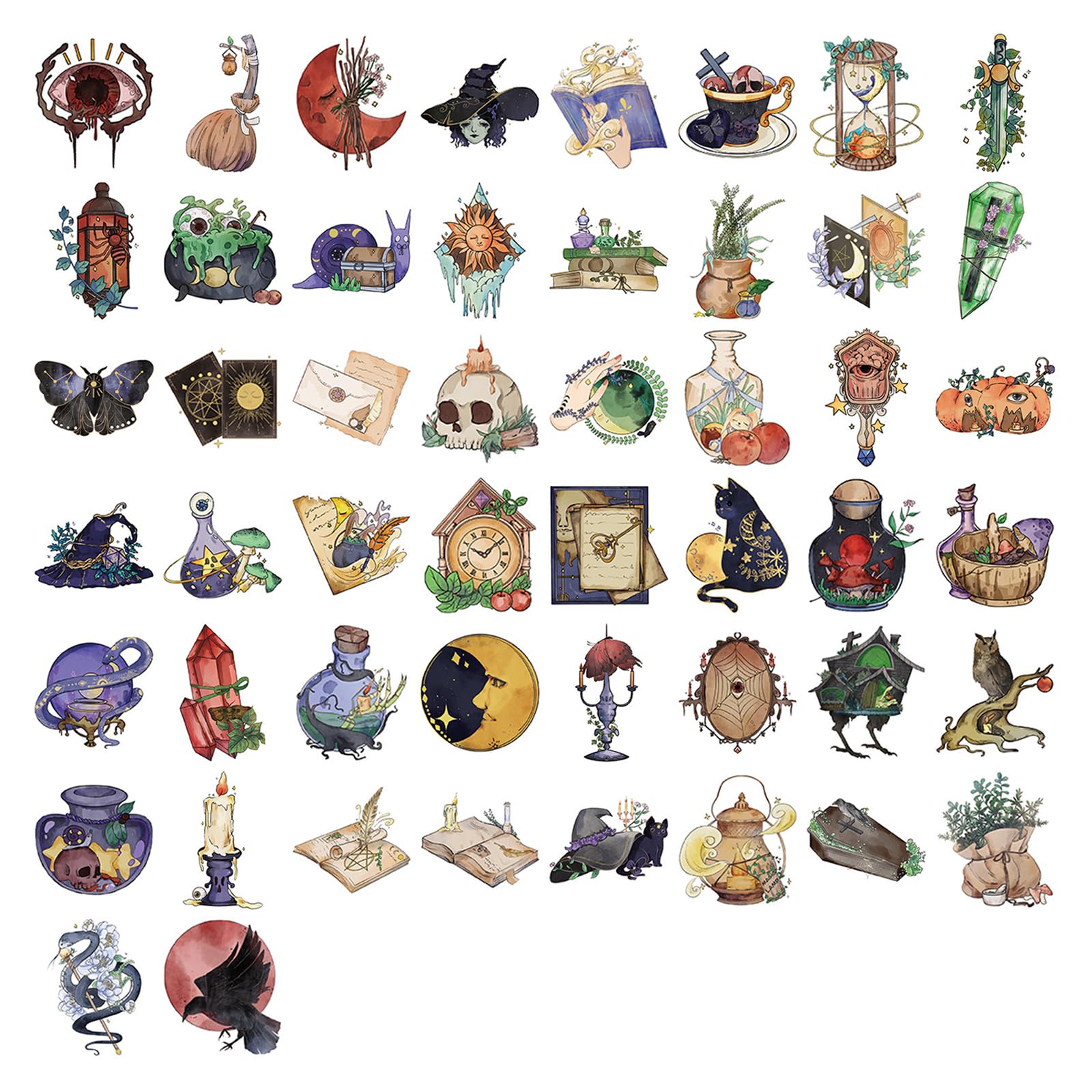 Halloween Vintage Witch Art Stickers Pack of 50 Waterproof PVC Decals with Magical Creature Designs for Laptop Craft Magical Theme Scrapbooking Stickers