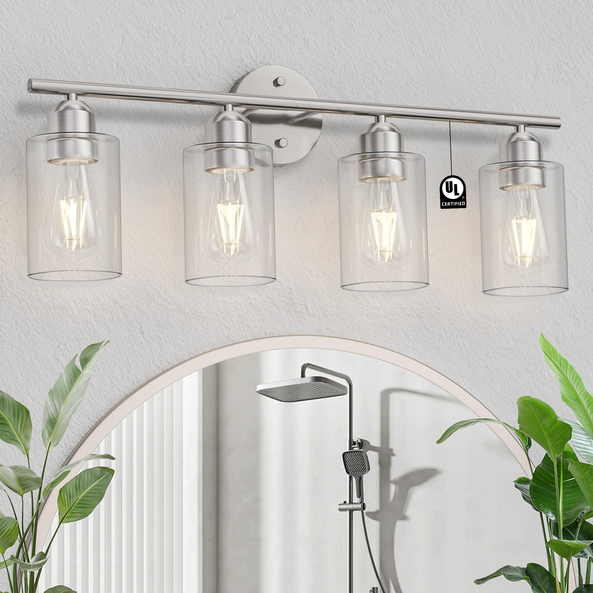 Espird Bathroom Vanity Light Fixtures Brushed Nickel,4 Lights Rustic Farmhouse Vanity Bar Lighting Over Mirror Modern Industrial Wall Sconces Lamp with Cylinder Glass Shade