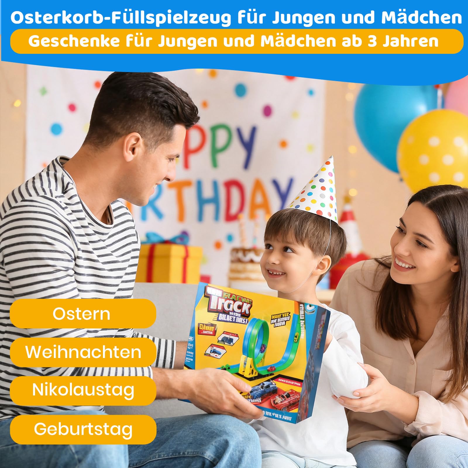 Flexible Autorennbahnen Kinder, 4.5M Rennbahn Inklusive 4 Autos, Tragbare Dual-Rennstrecke mit Rampen für 1:64 Autos, Spielzeug Geschenk für Kinder ab 3+ Jahren, Blau-Grün