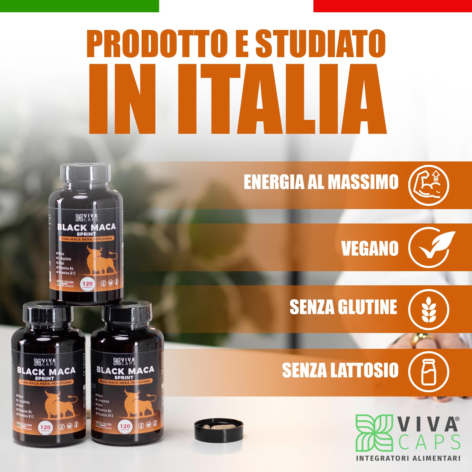 Maca peruviana 24000 mg al giorno estratto 20:1 120 Cps, Black maca con L-Arginina, Zinco, Vitamina B6 e B12 per energia e supporto per la massa muscolare - Made in italy