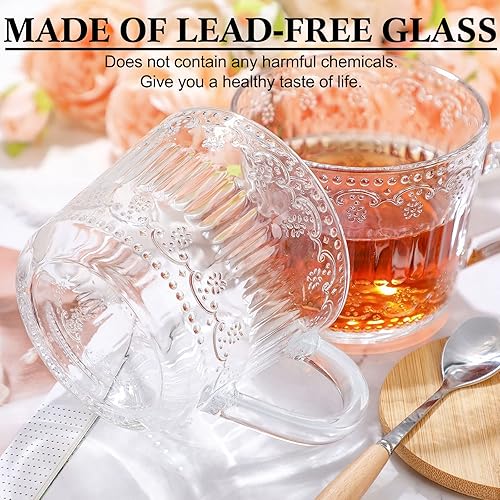 Miniatura 6 de Nuenen 4 juegos de tazas de café vintage con tapas y cucharas de bambú de 13.5 onzas, tazas de té en relieve, vasos transparentes, cristalería