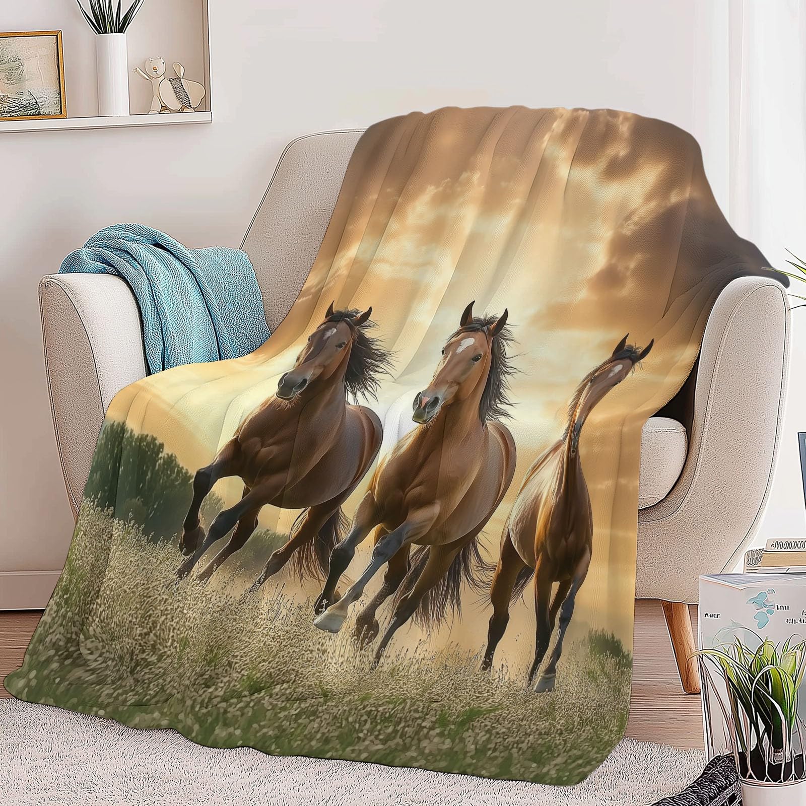 CozyRest Manta de Sofá y Cama de Felpa Súper Suave, Caballo Marrón de la Pradera Fotografía Natural 220 x 240 cm - Ideal para Hogar y Decoración