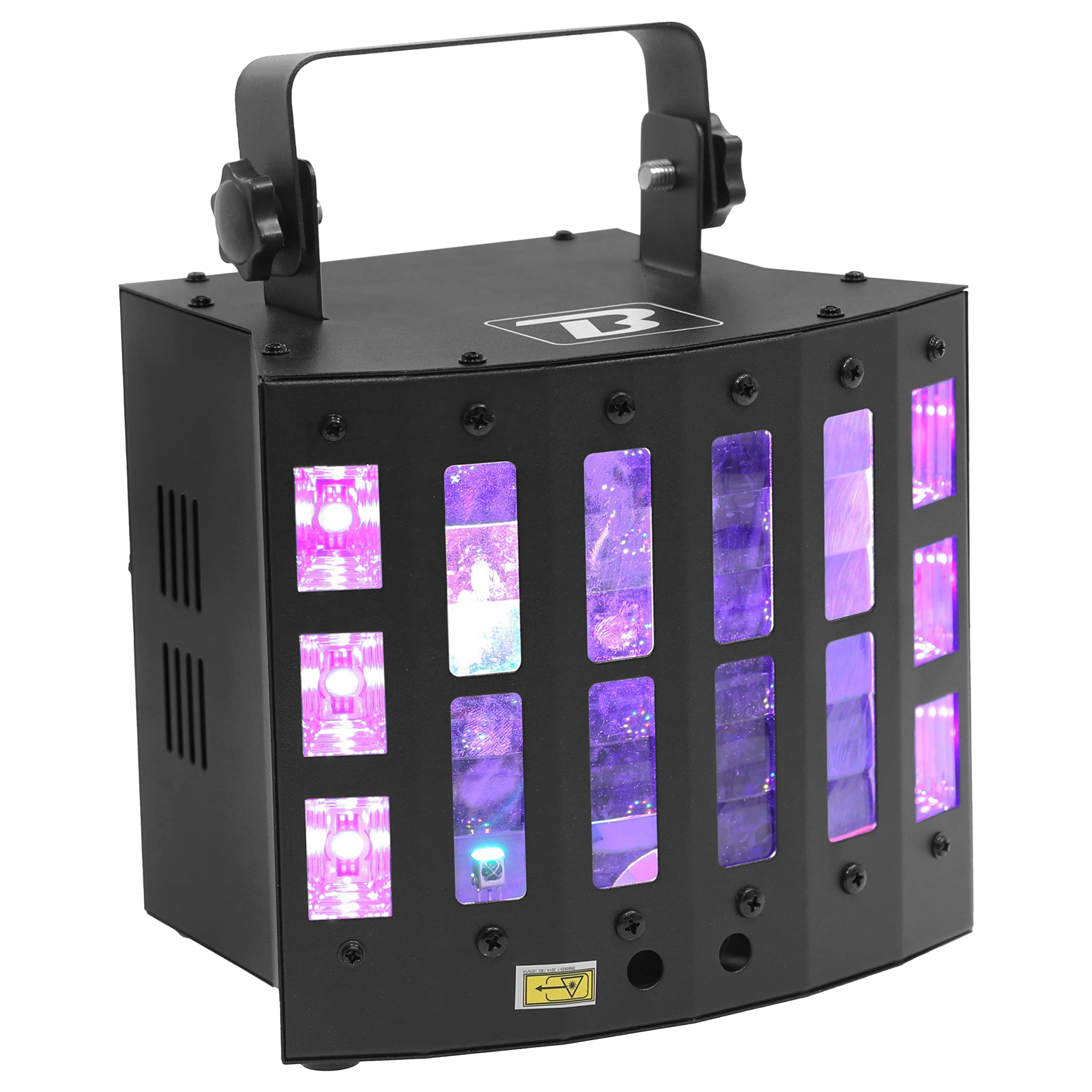 BoomToneDJ DerbyFX 4-en-1 Derby LED RGBWAPY 9x3W, UV Stroboscope, LZR rouge et vert. Jeux de lumière, Eclairage soirée DJ. Contrôle DMX, shows automatiques, détection musicale. Télécommande fournie