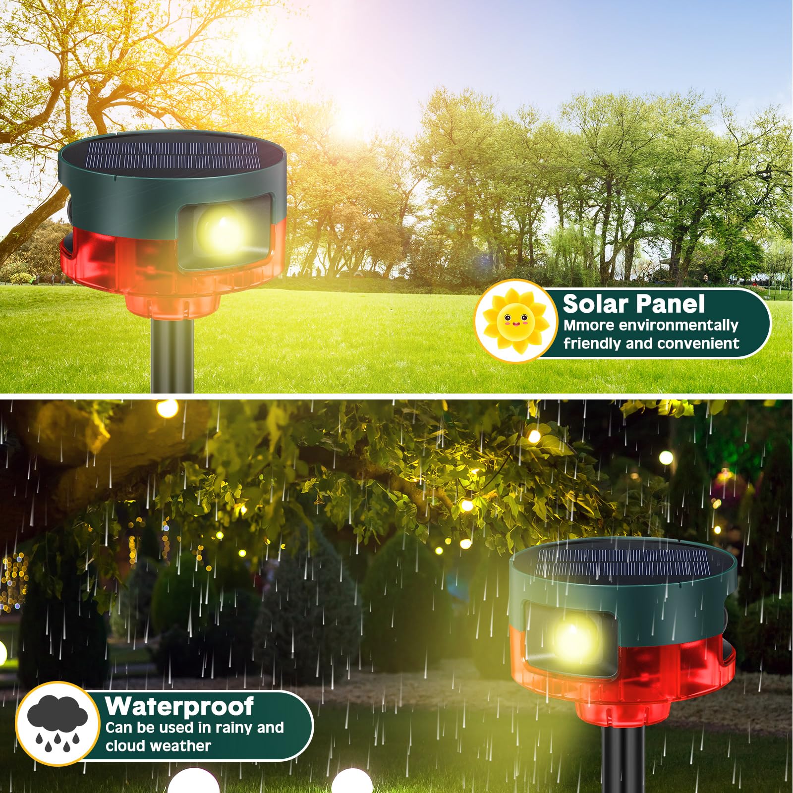 Qualirey Paquete de 2 alarmas solares con sensor de movimiento para exteriores, sensor de movimiento, disuasorio de animales, alarma de ladridos de perro para seguridad en el hogar, soporte de