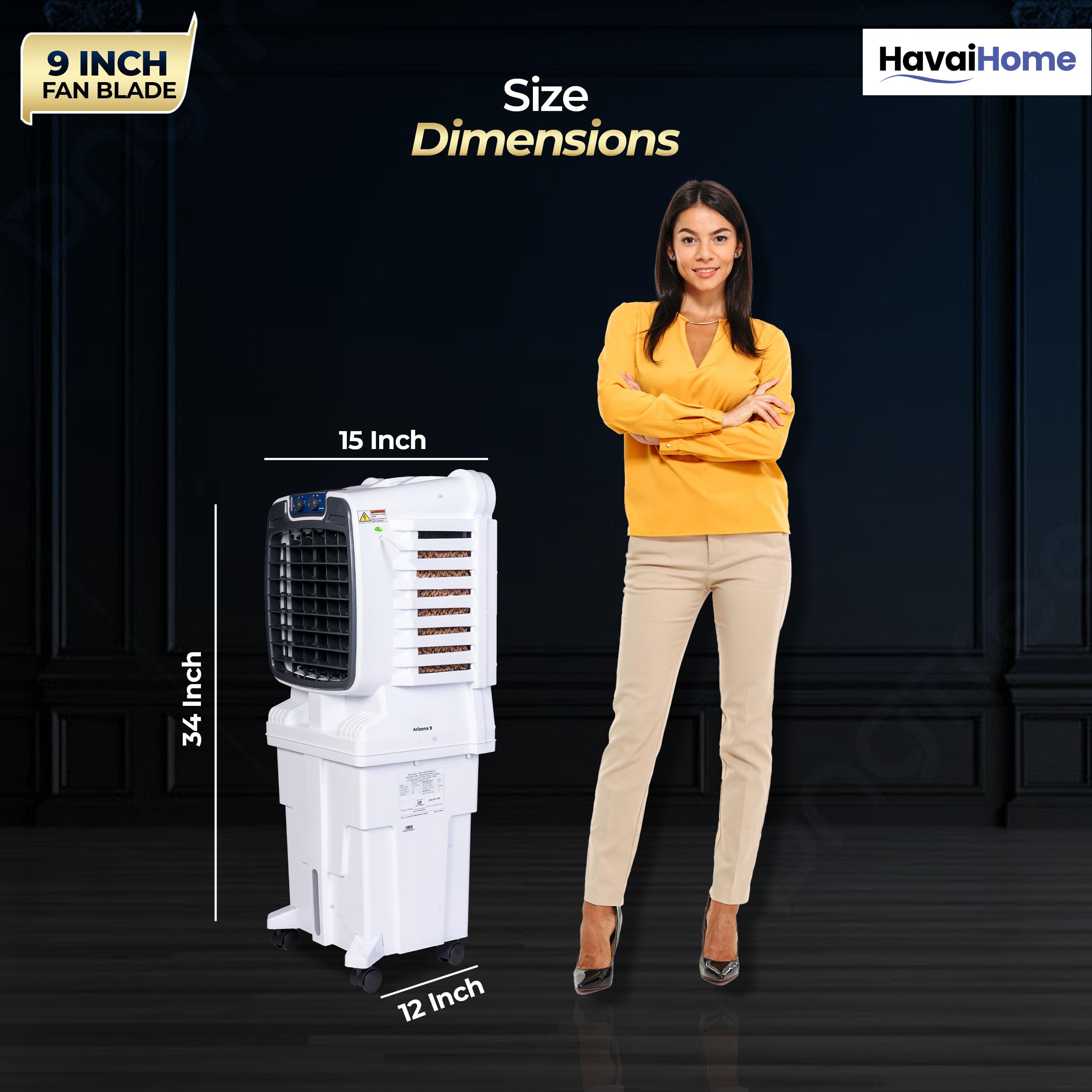 Arizona 9 Personal Air Cooler | India’s First 9-Inch Blade Cooler | 2600 RPM | 2200 m³/hr Delivery | 5 Ft Air Throw | 3-Side Honeycomb | 25L Tank | Motorised Louvers | 120W | Ideal for 50 Sq Ft 4