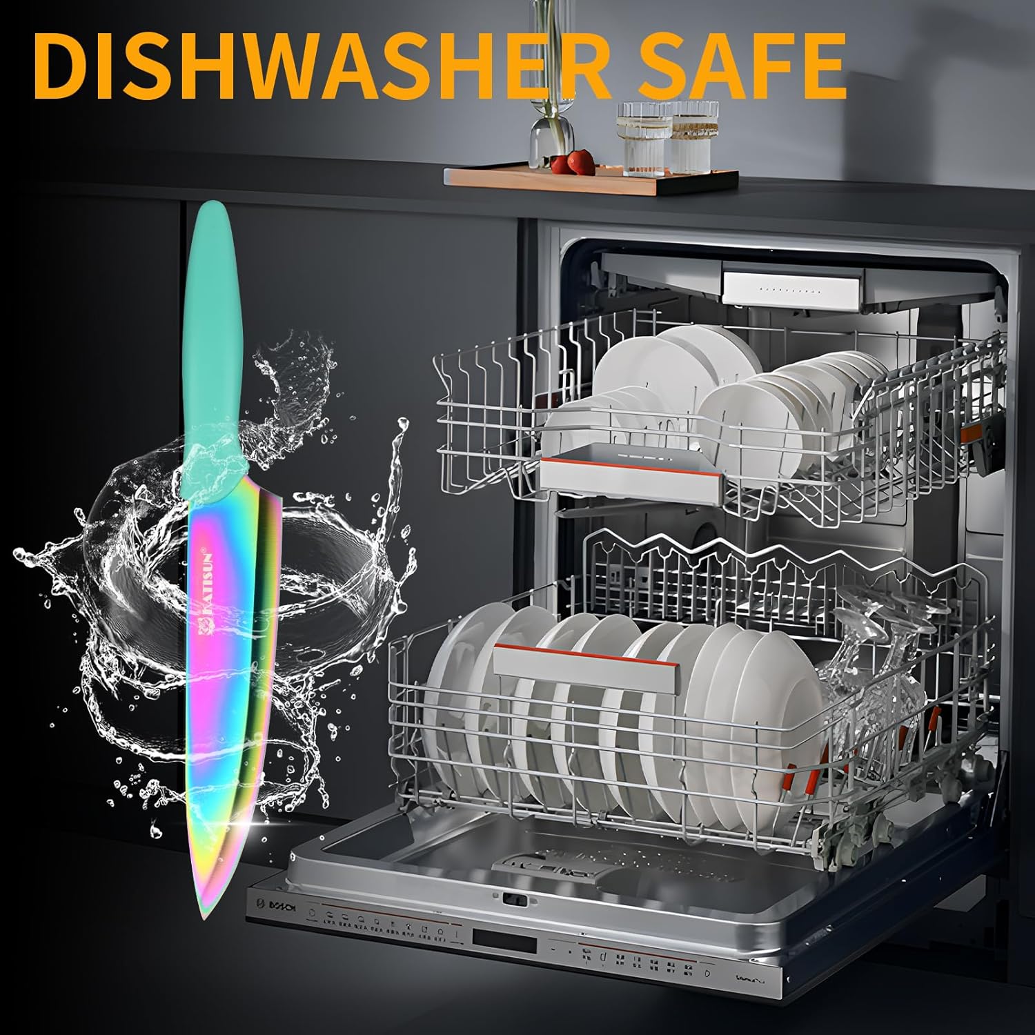 Kitchen Knife Set with Block, 14 Piece Rainbow Titanium Coated Stainless Steel Knives Set, Anti-Rust and Dishwasher Safe, 12 Knives with Kitchen Shears and Block - Image 6