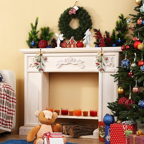 Miniatura 6 de Giegxin 1 adorno artificial de muérdago navideño con lazo rojo, decoración de muérdago colgante de Navidad, ramo floral de conos de pino natural,